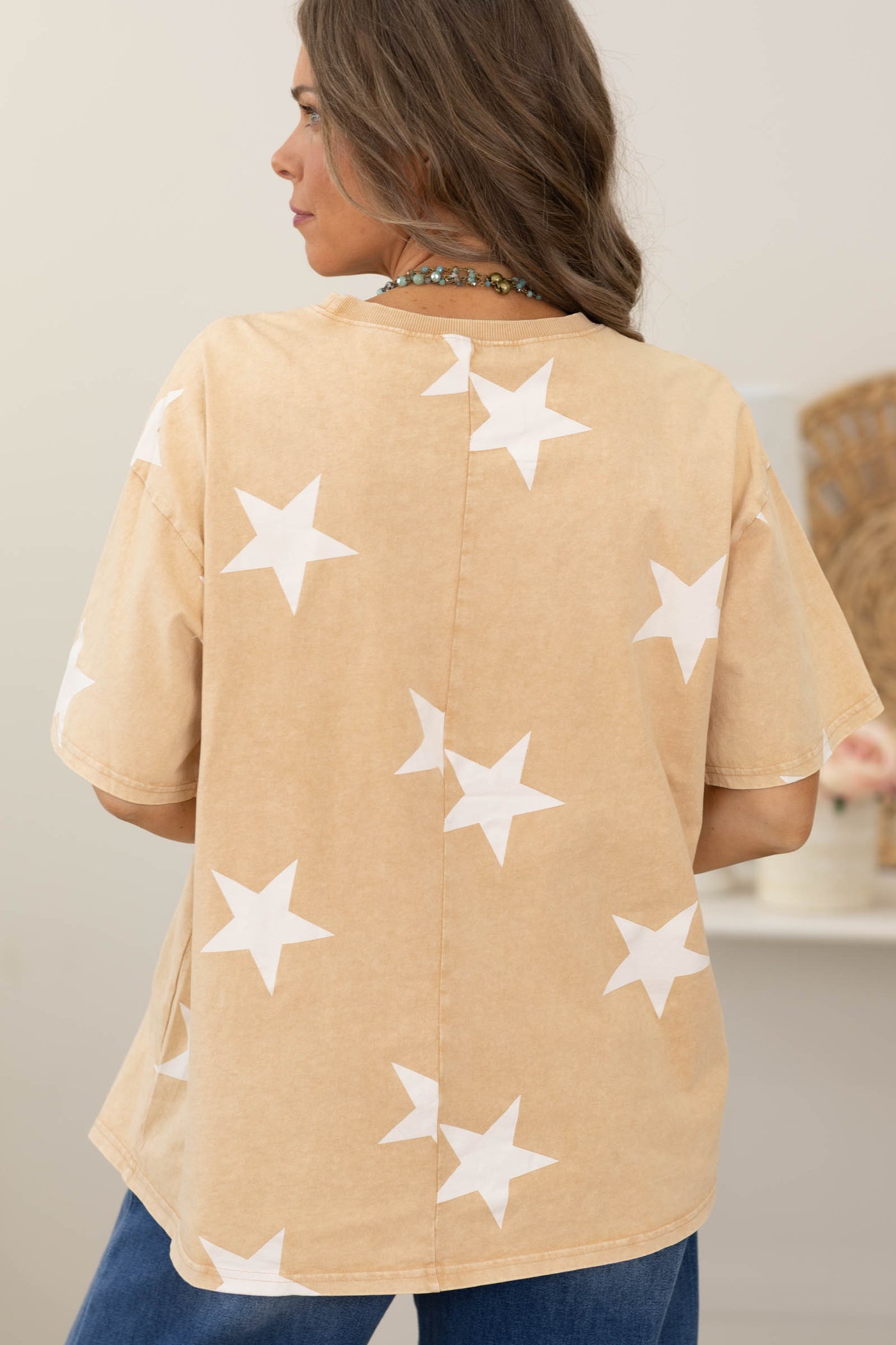 Tan Star Printed Washed Knit Top- 100% Cotton