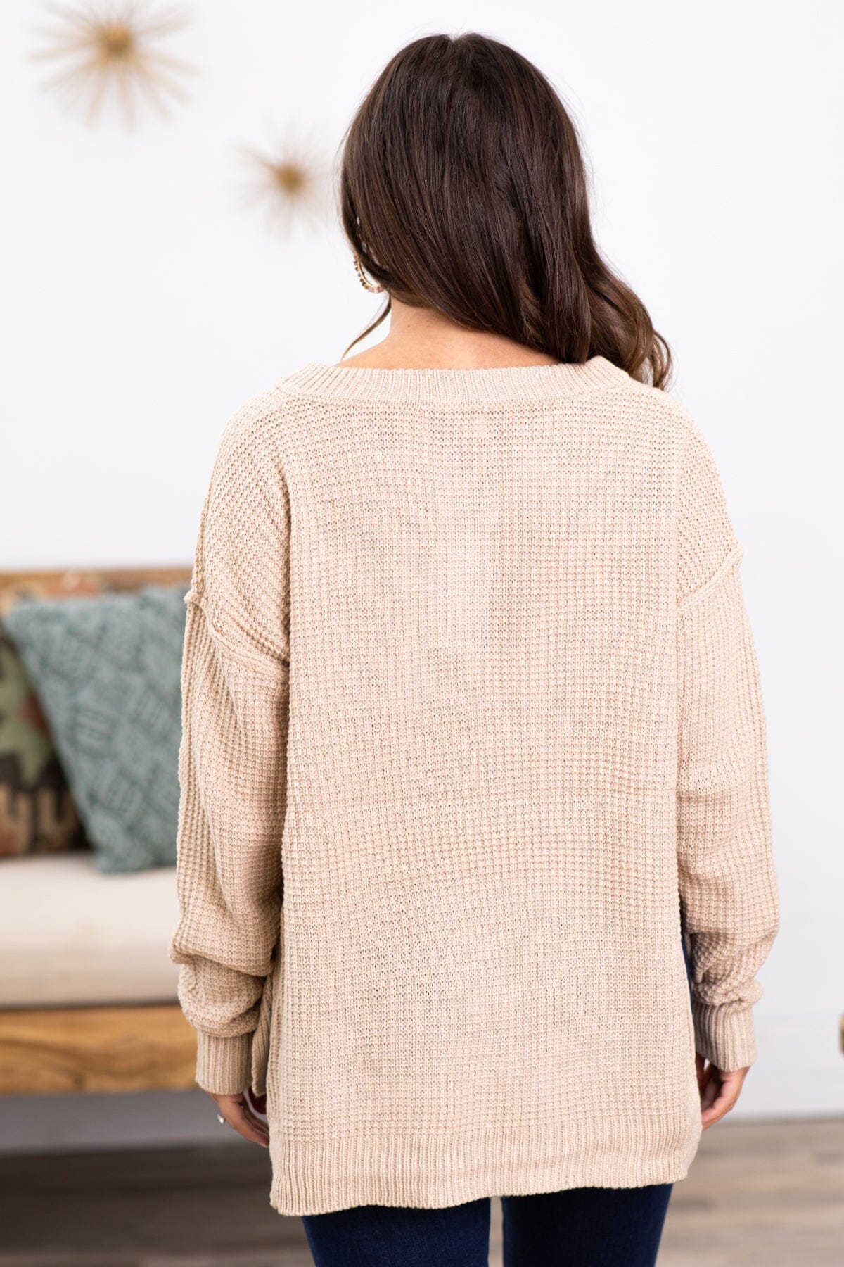 Beige Waffle Knit Sweater With Buttons - Filly Flair