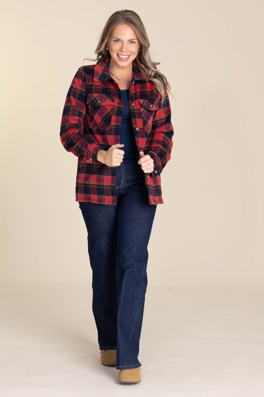 Red And Black Plaid Shacket With Gold · Filly Flair