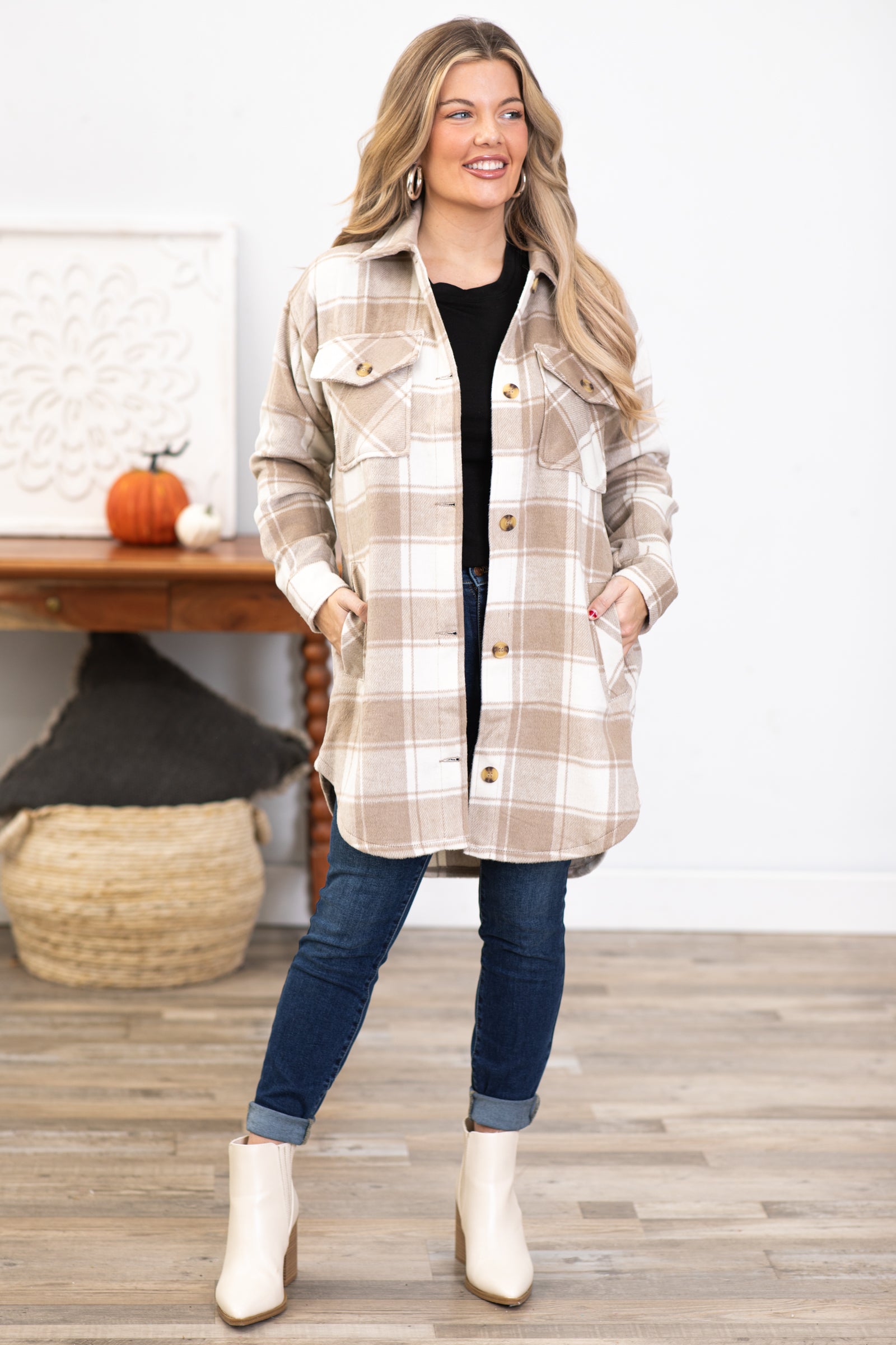 Tan and White Plaid Shacket With Pockets