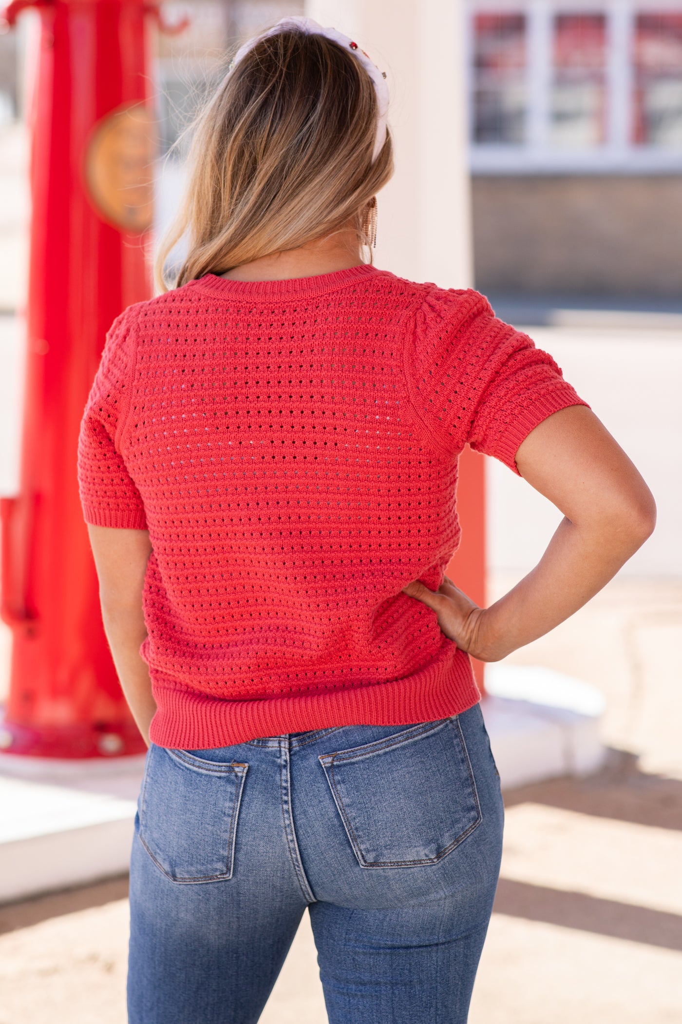 Crimson Pointelle Puff Short Sleeve Sweater