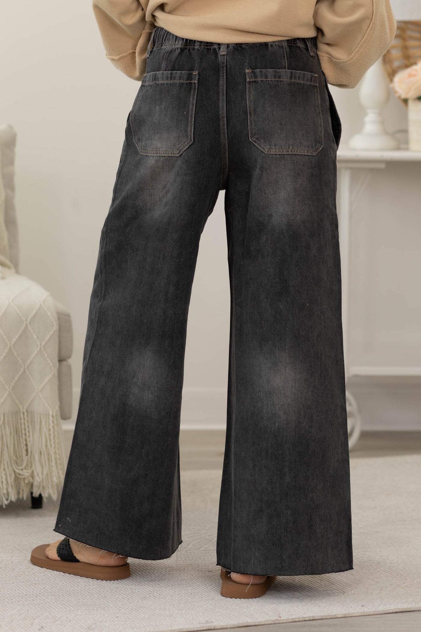 Washed Black Denim Wide Leg Pants