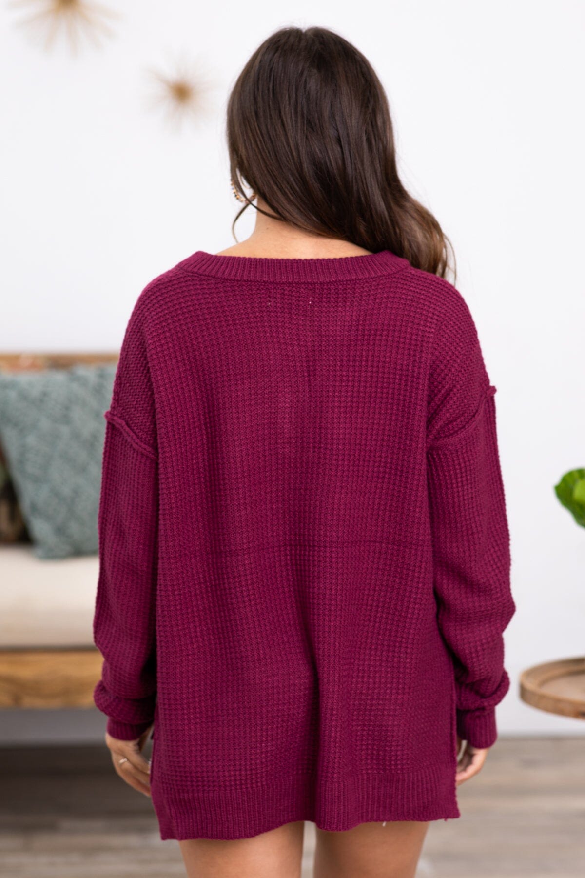Berry Waffle Knit Sweater With Buttons - Filly Flair
