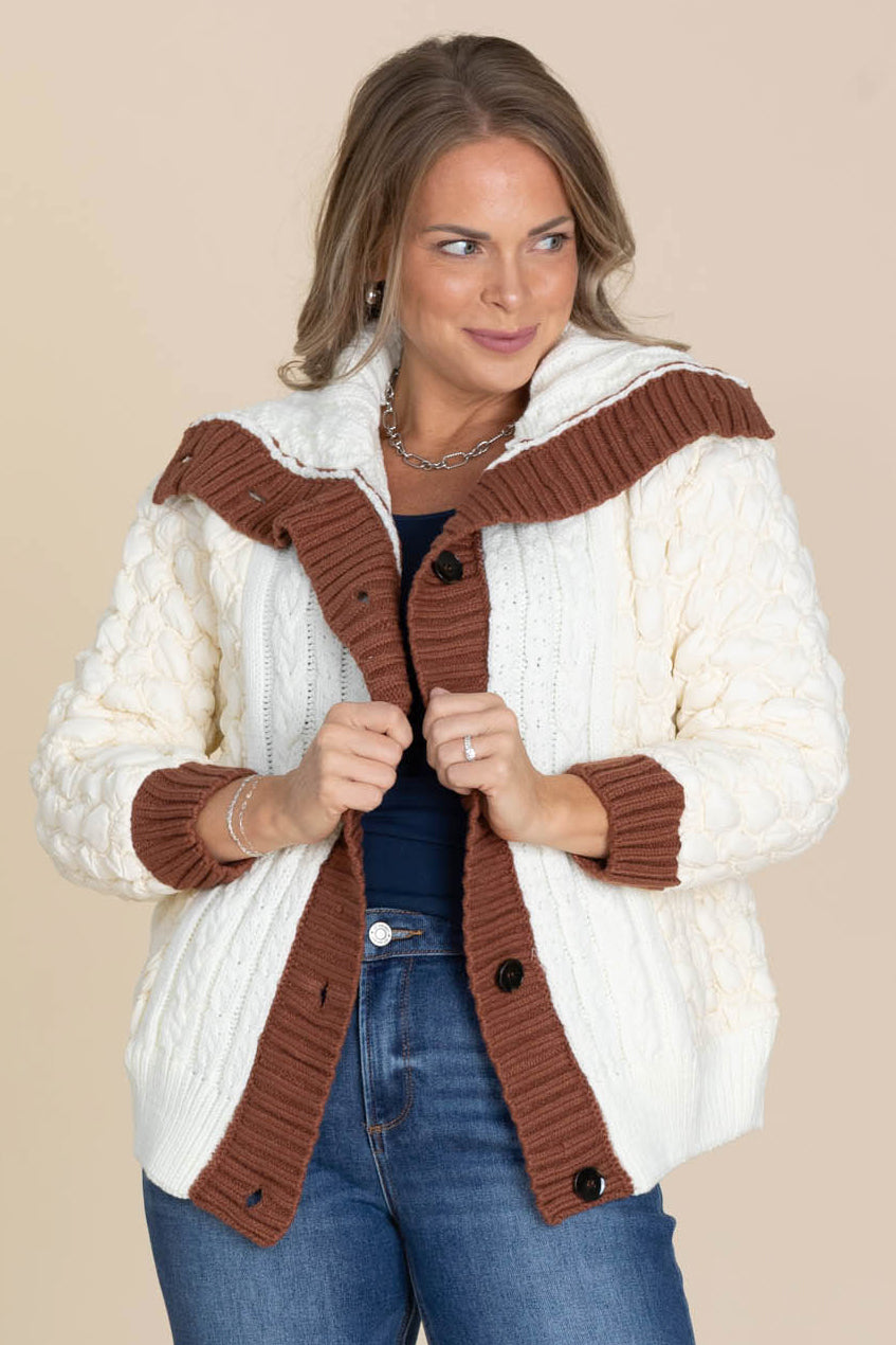 Ivory and Brown Trim Cable Knit Jacket