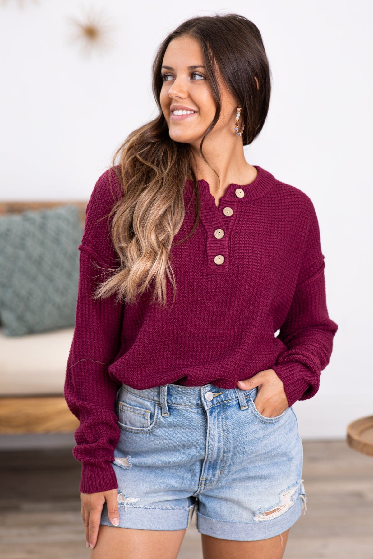 Berry Waffle Knit Sweater With Buttons - Filly Flair