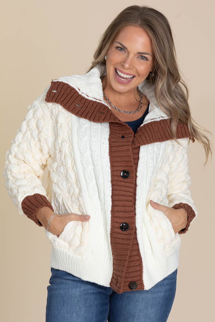 Ivory and Brown Trim Cable Knit Jacket