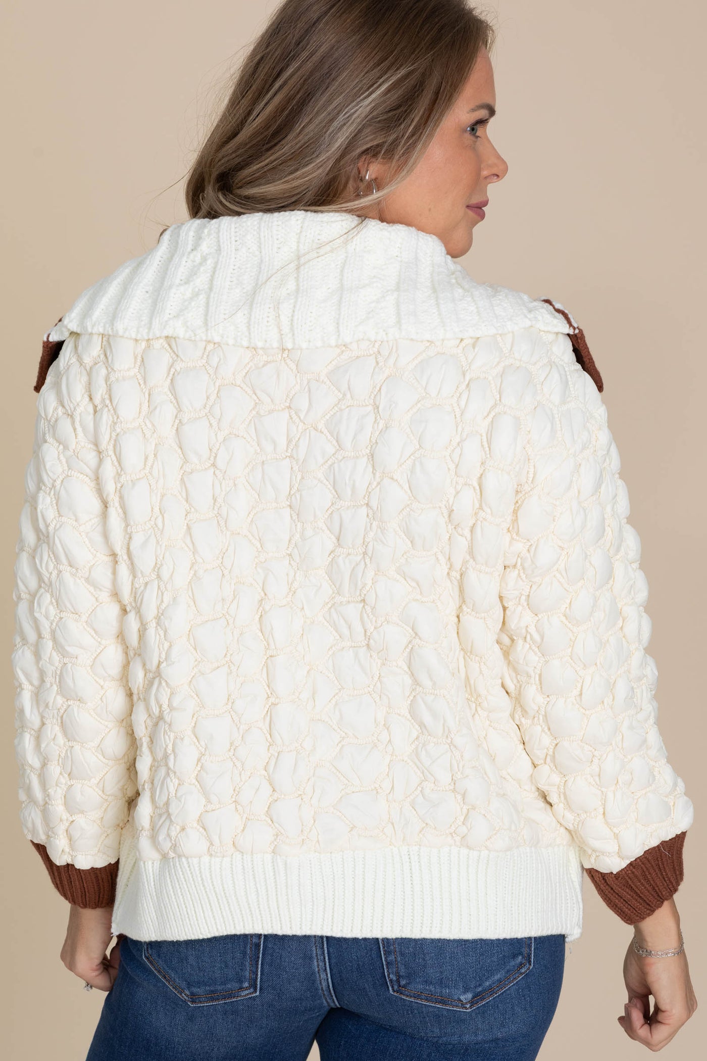 Ivory and Brown Trim Cable Knit Jacket