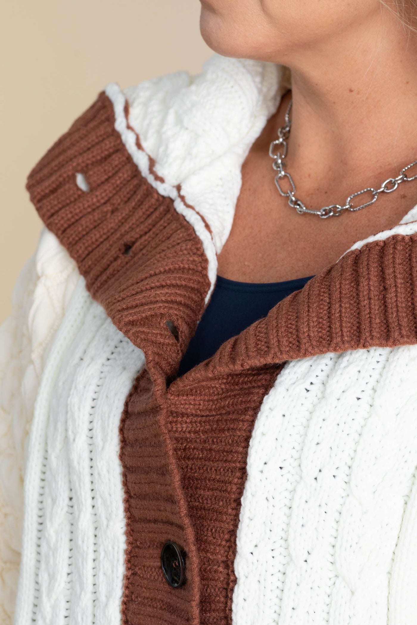 Ivory and Brown Trim Cable Knit Jacket