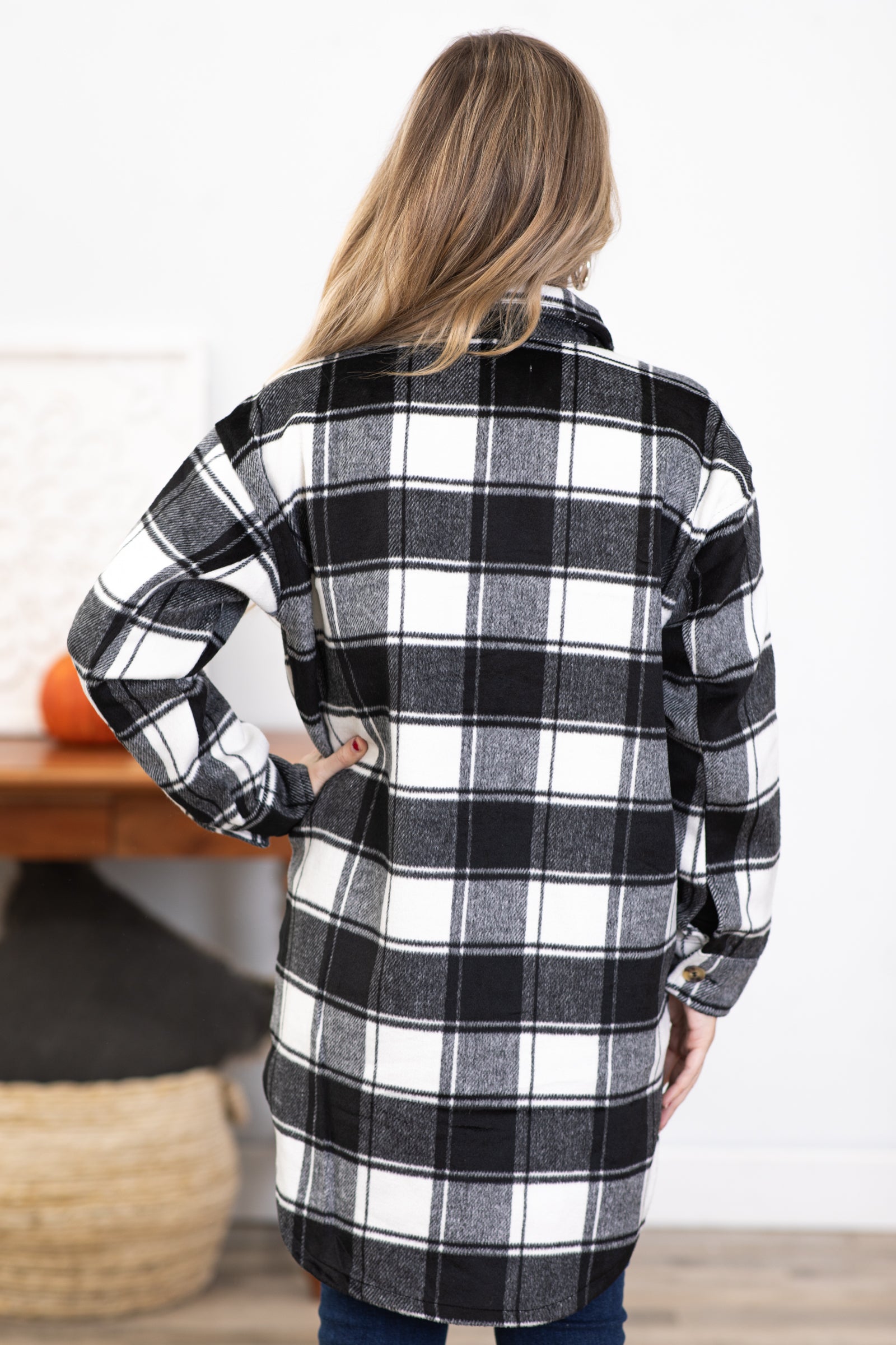 White and Black Plaid Shacket With Pockets