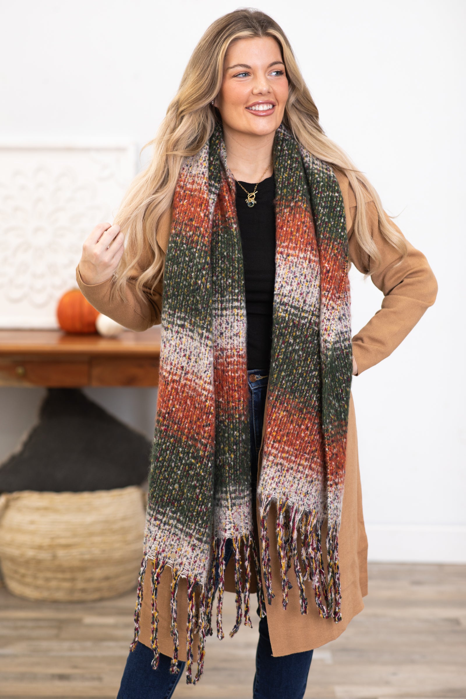 Olive and Rust Ombre Long Blanket Scarf