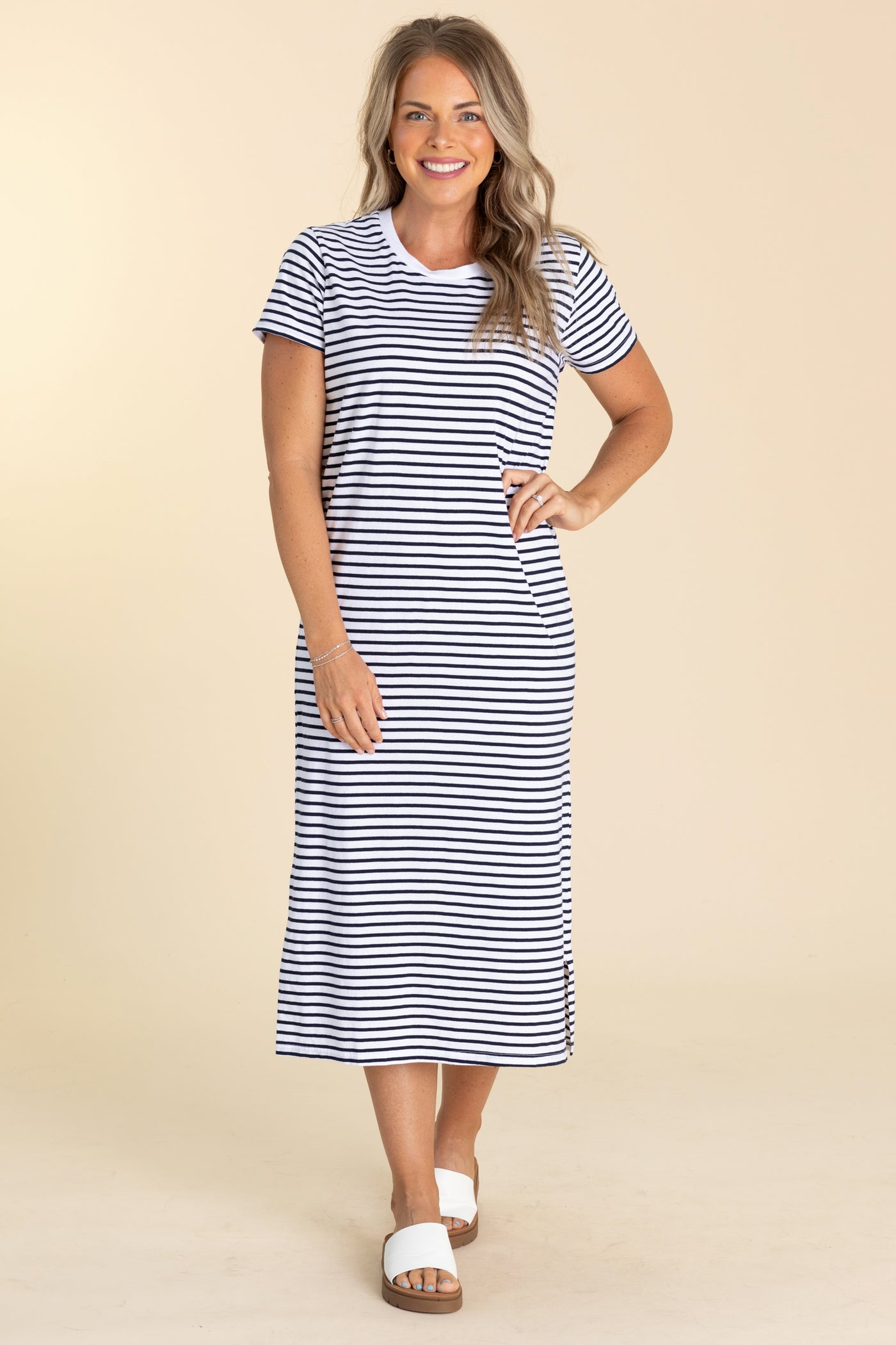 White and Navy Cotton Striped T-Shirt Dress · Filly Flair