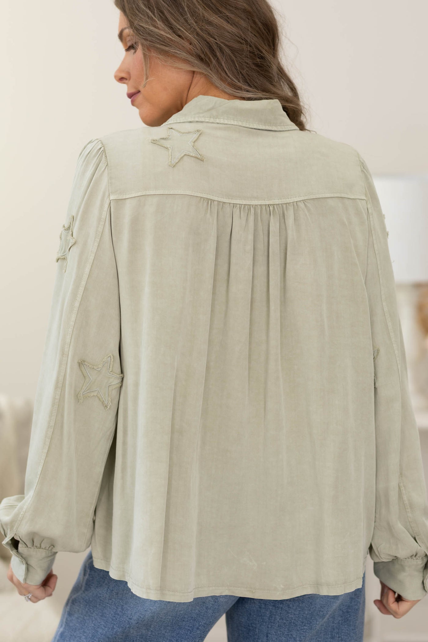 Light Sage Star Patch Washed Button Down Top