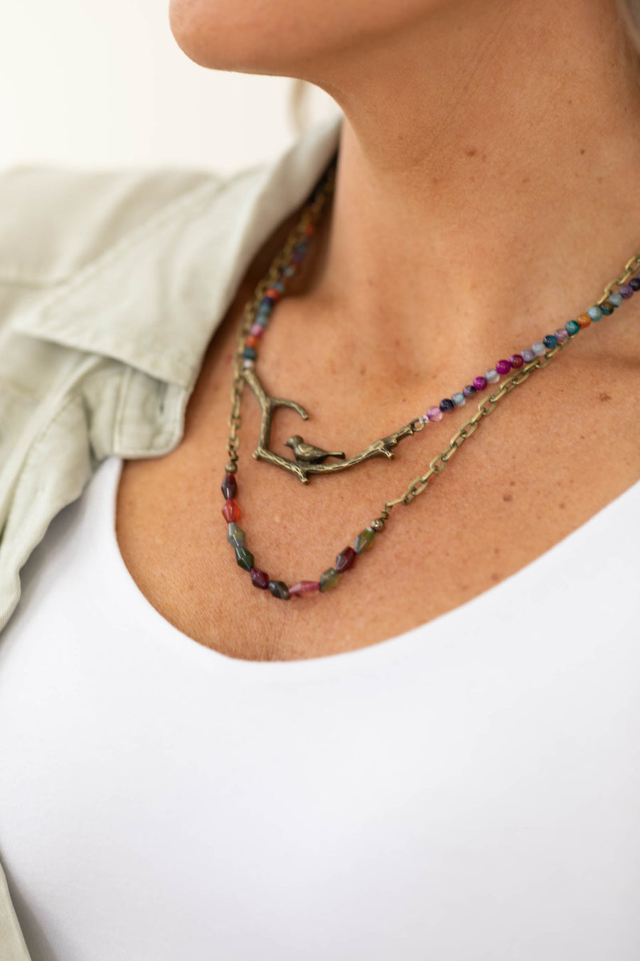 Multicolor Agate Bead Necklace With Bird