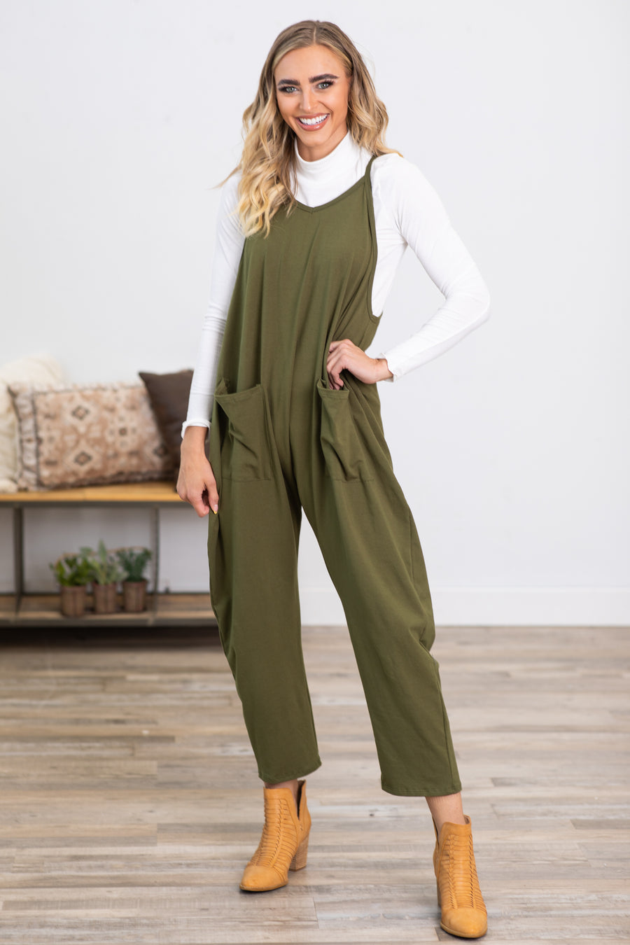 Olive Knit Jumpsuit With Pockets