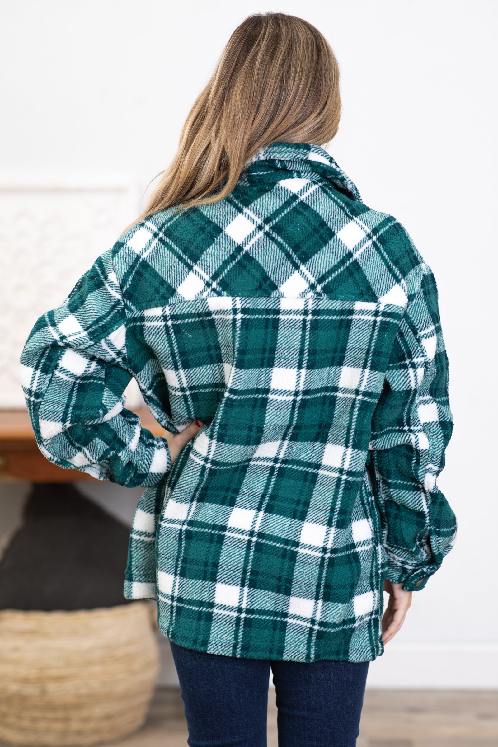 Green and White Plaid Sherpa Shacket