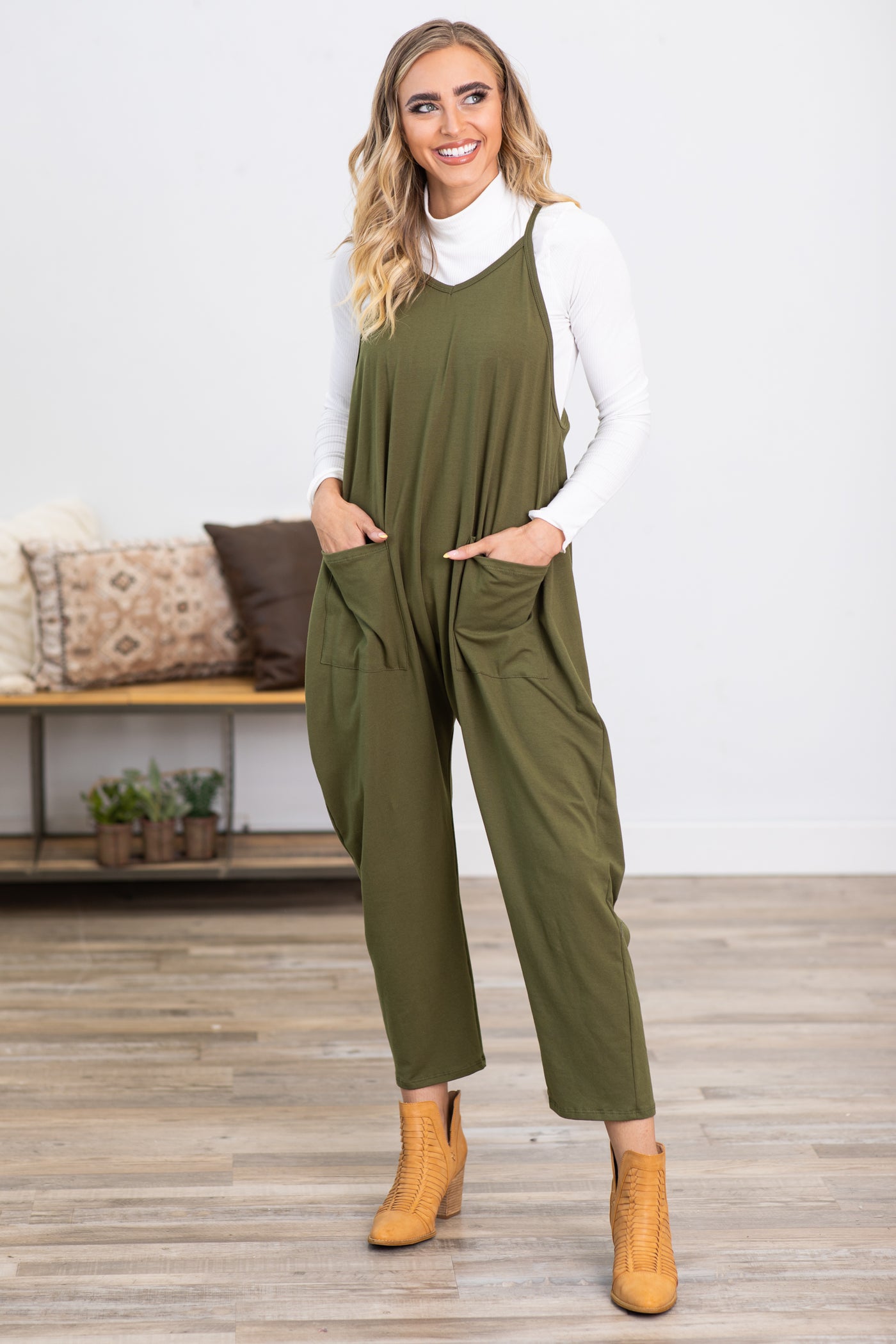 Olive Knit Jumpsuit With Pockets