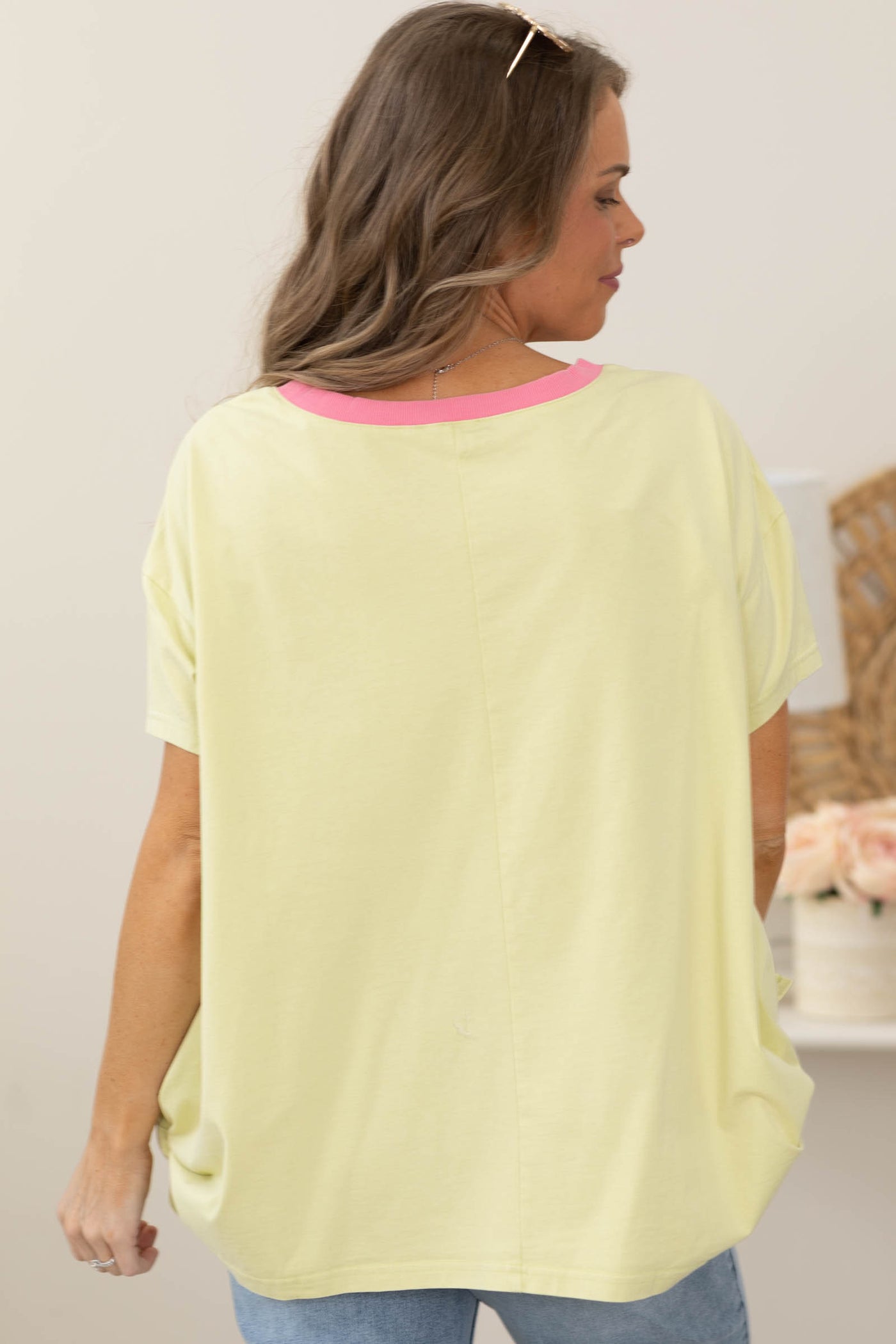 Light Lime Yellow Mineral Washed Mix Print Knit Top- 100% Cotton