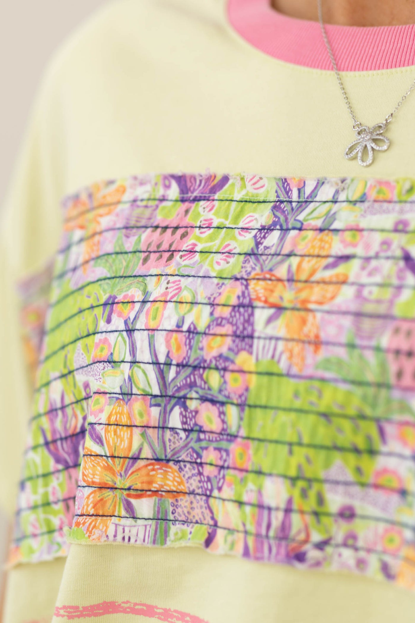 Light Lime Yellow Mineral Washed Mix Print Knit Top- 100% Cotton