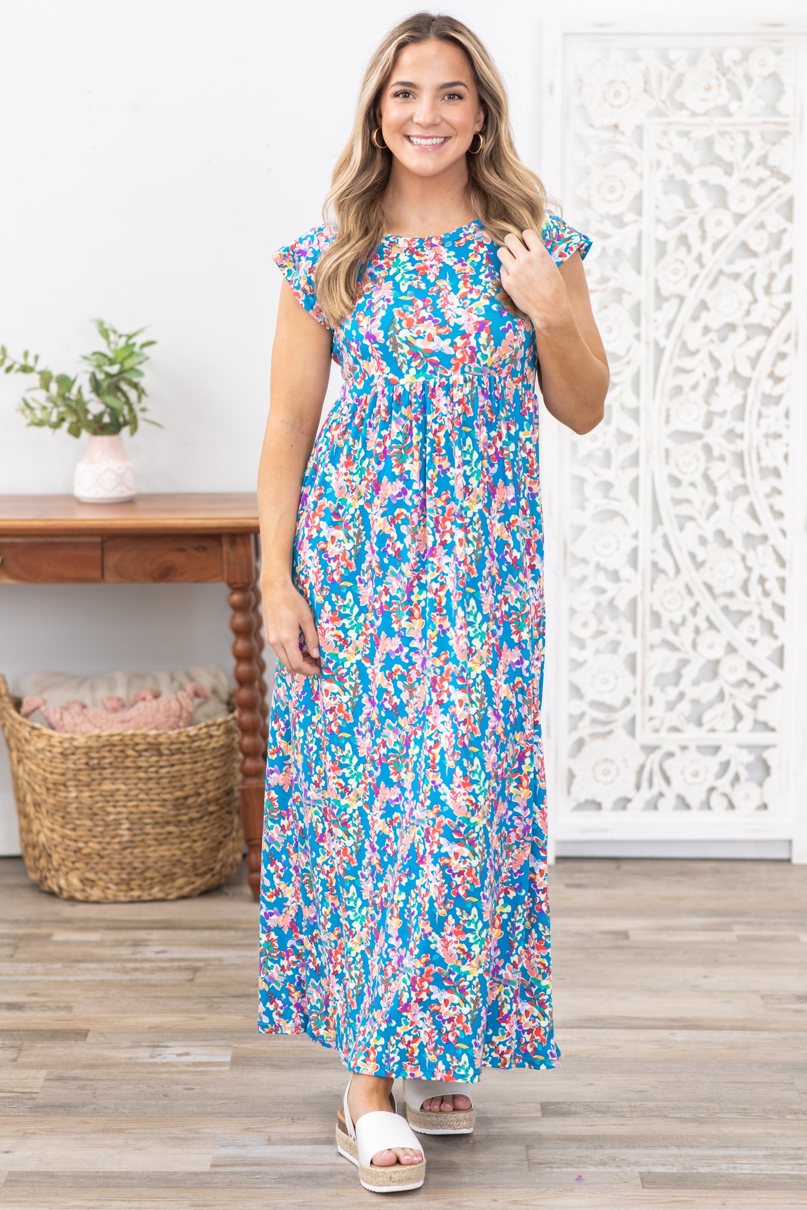 Blue Floral Print Maxi Knit Dress