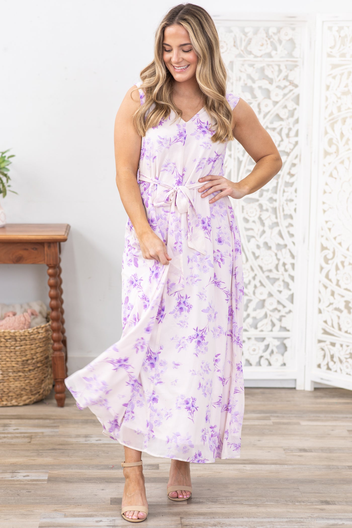 Lavender V-Neck Self Tie Floral Maxi Dress Filly Flair Lavender V-Neck Self Tie Floral Maxi Dress Filly Flair