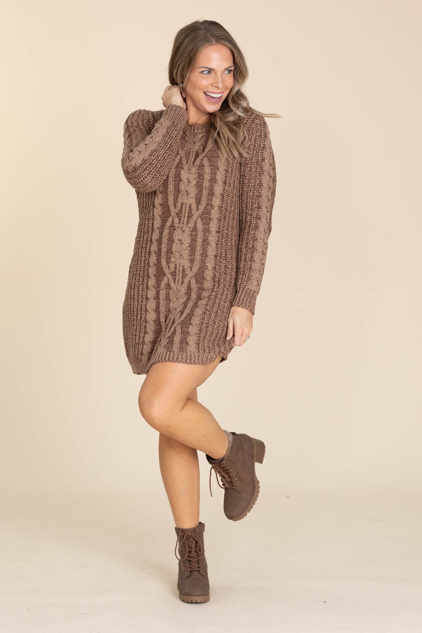 Brown Two Tone Cable Knit Sweater Dress
