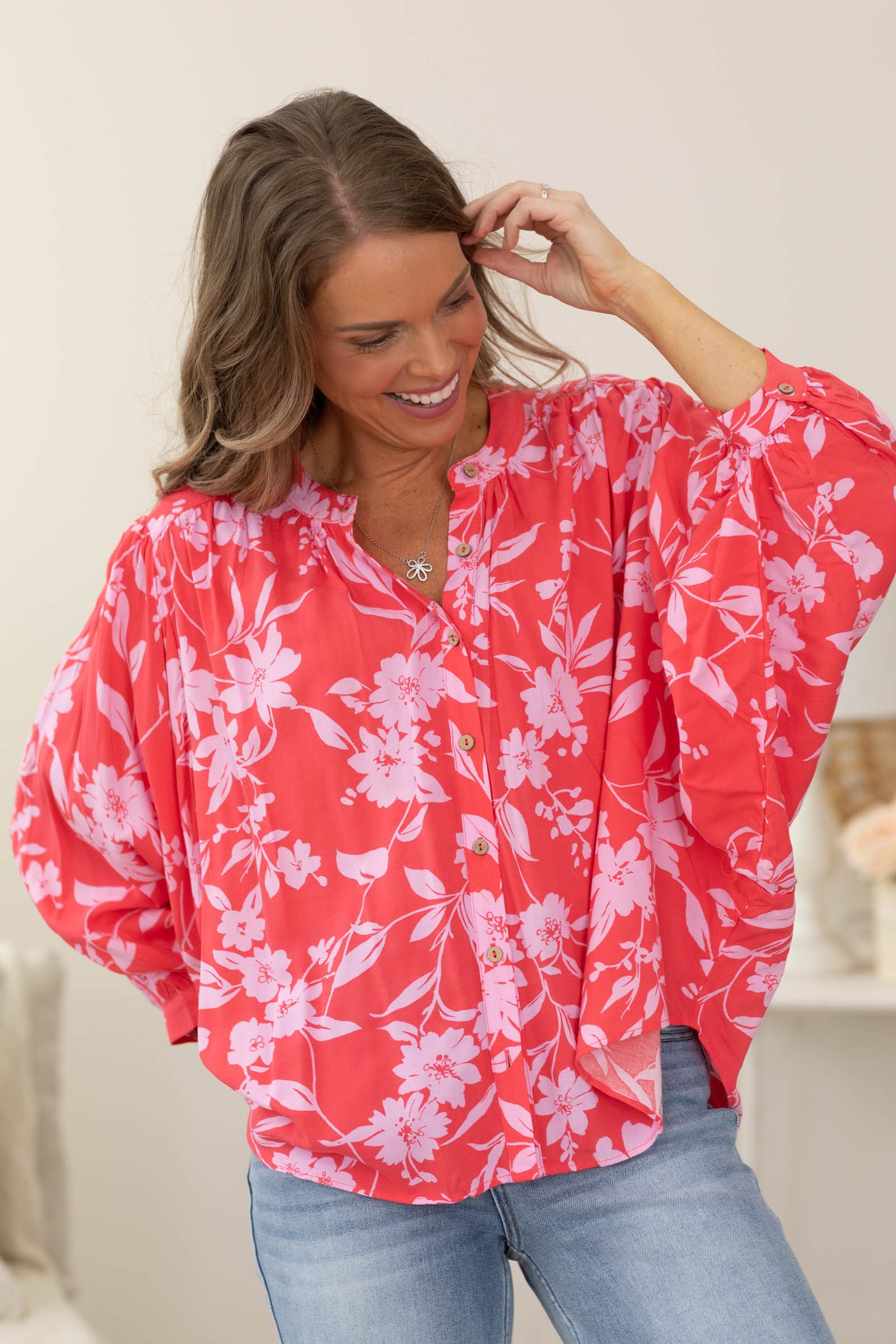 Pink Dolman Button Down Loose Woven Top