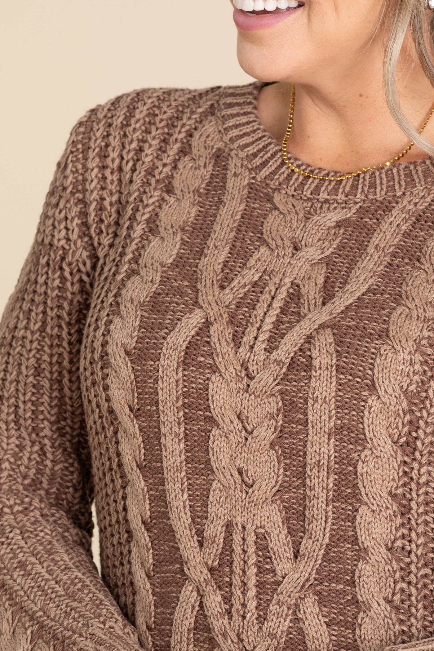Brown Two Tone Cable Knit Sweater Dress