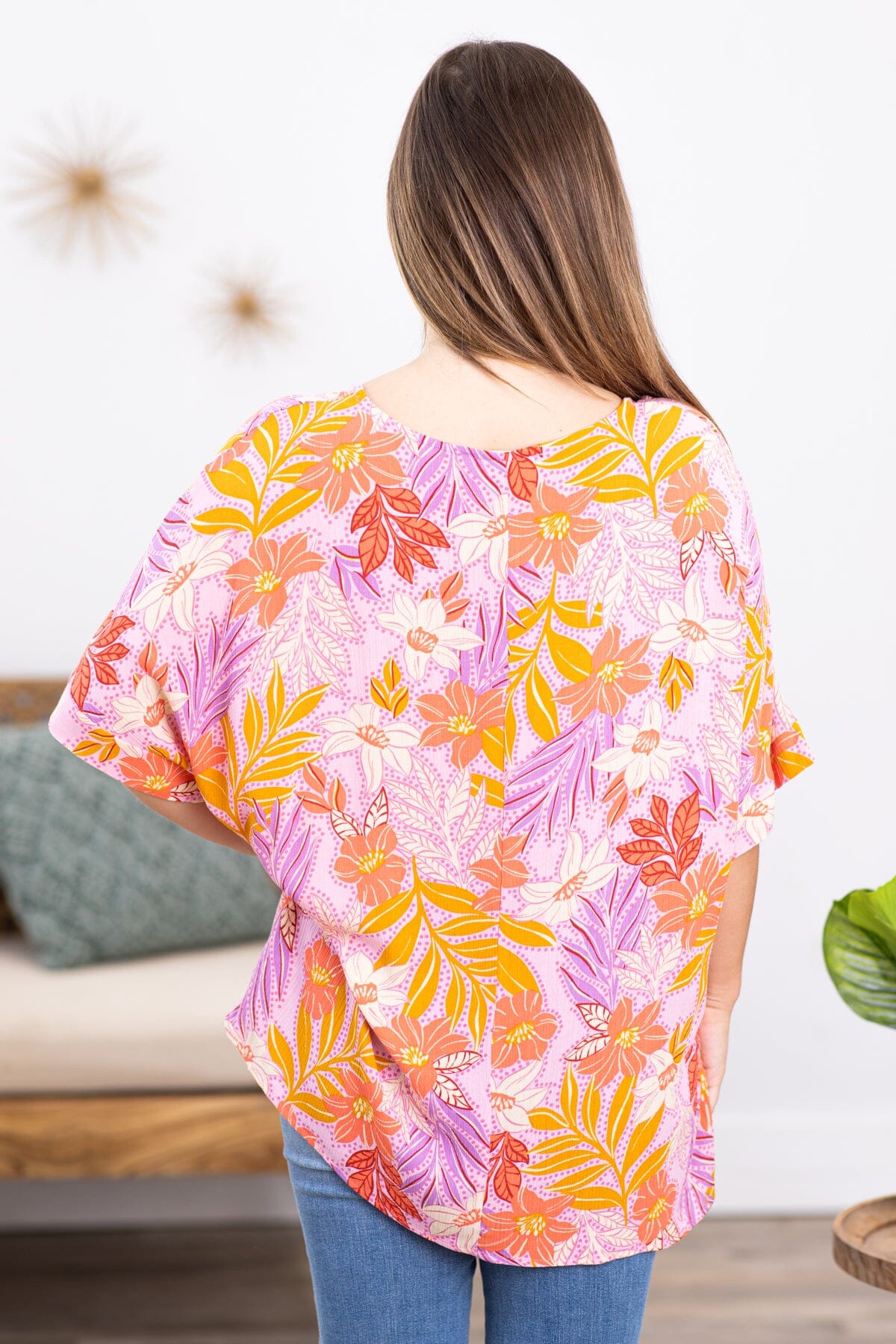 Pink Multicolor Cuffed Sleeve Floral Print Top - Filly Flair