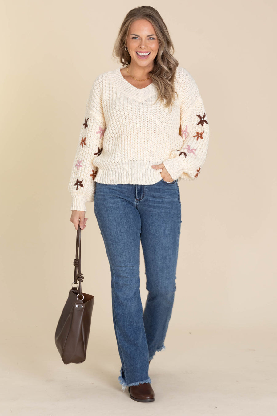 Cream V-Neck Sweater With Flower Detail