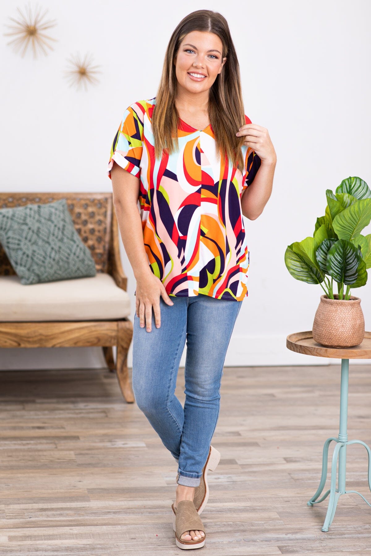 Orange and Pink Multicolor Abstract Print Top - Filly Flair