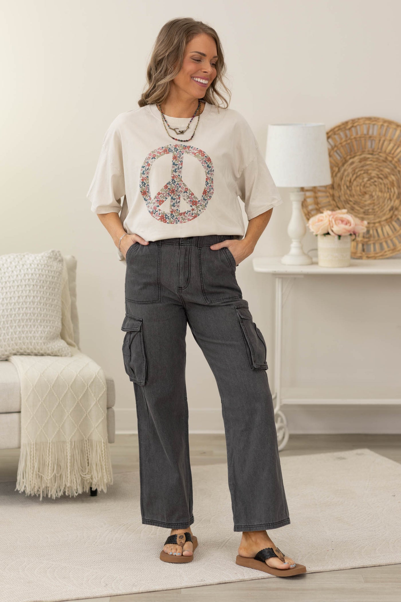 Washed Black Wide Leg Cargo Pants