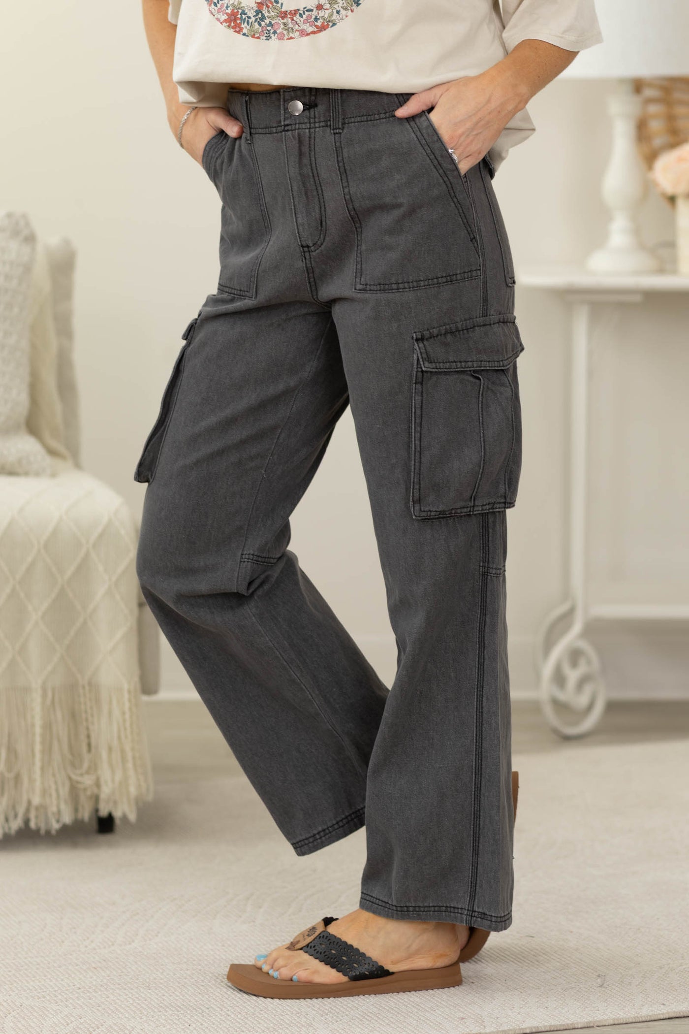 Washed Black Wide Leg Cargo Pants
