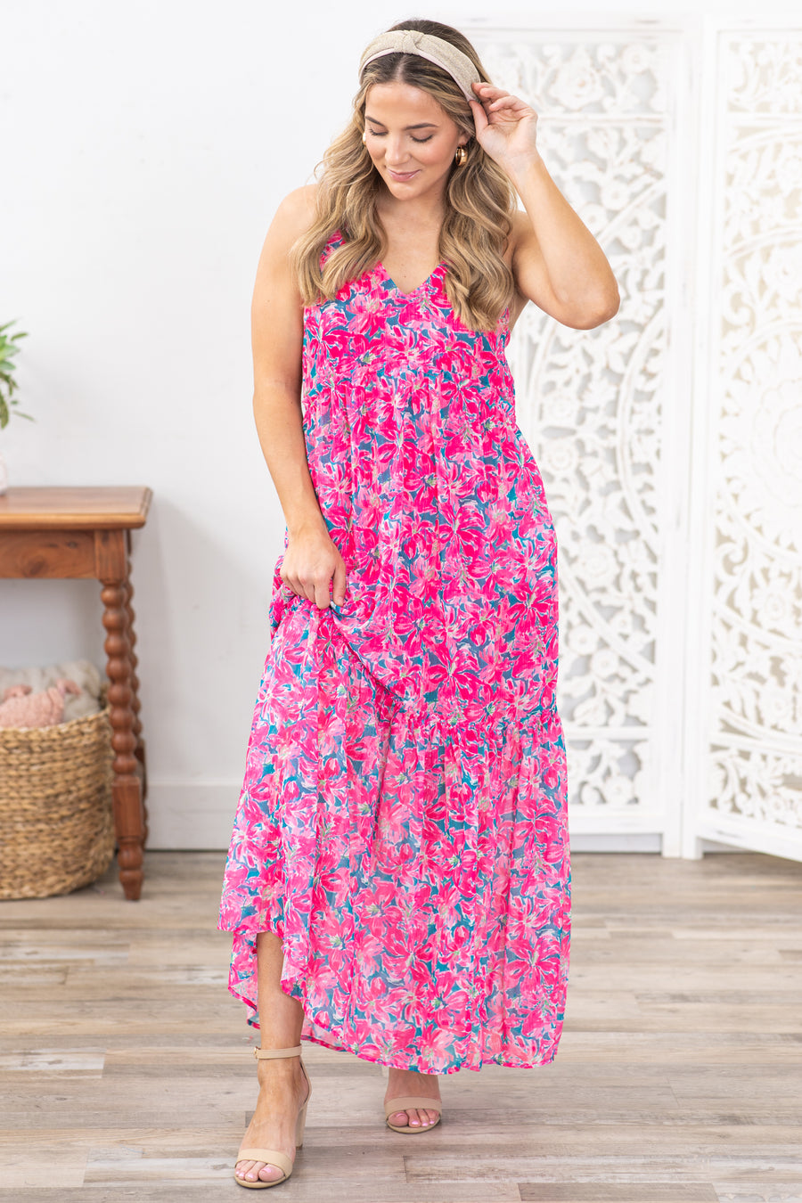 Hot Pink Floral Print Maxi Dress With Lining