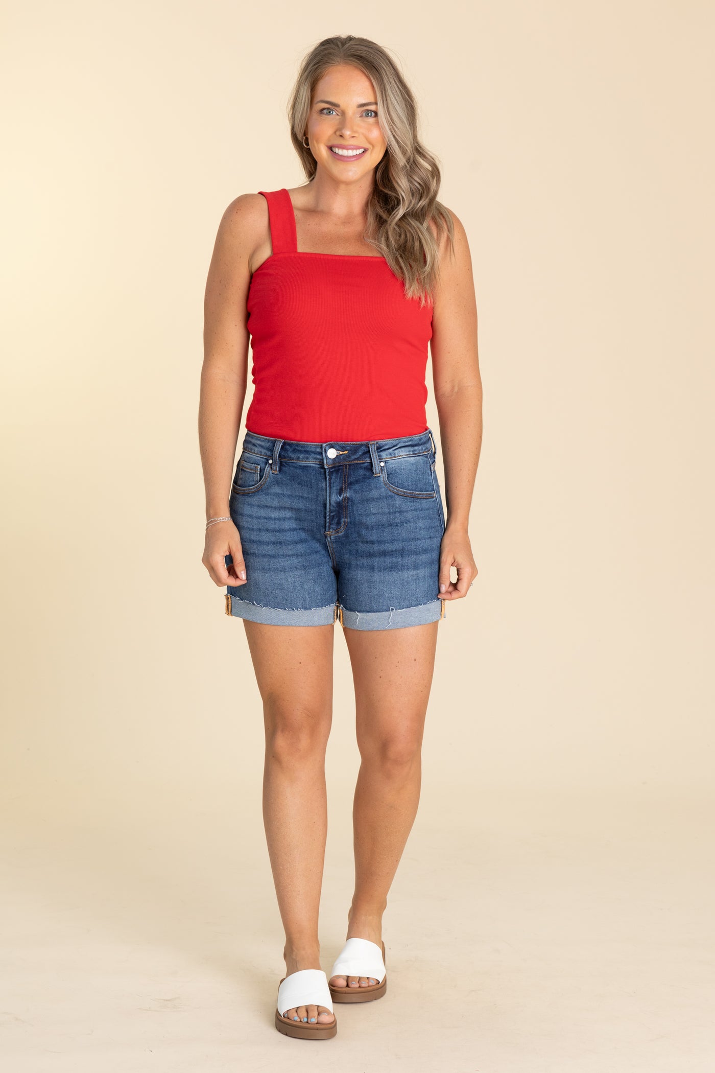 Risen High Rise Dark Wash Cuffed Shorts