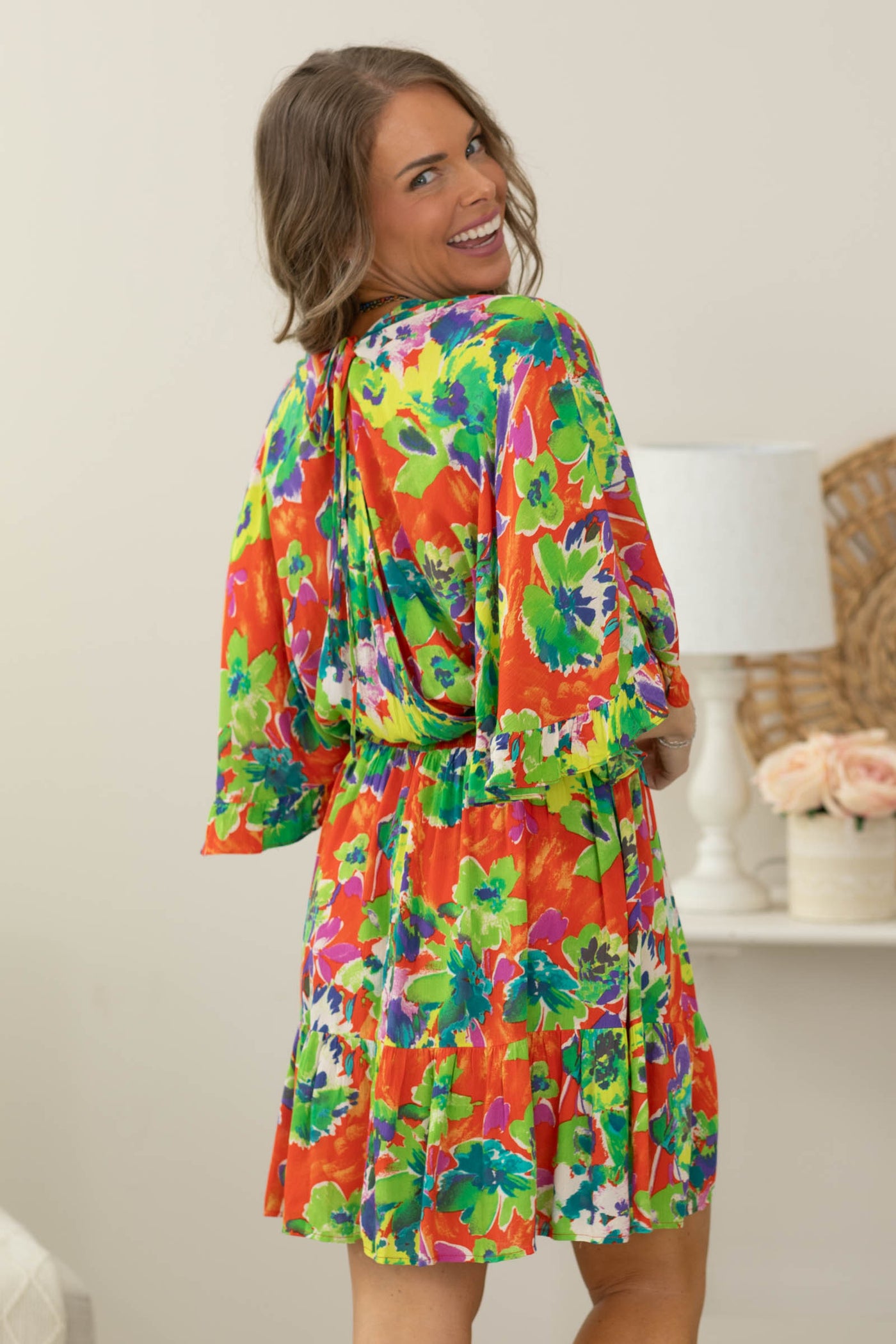 Green Tropical V-Neck Long Sleeve Dress