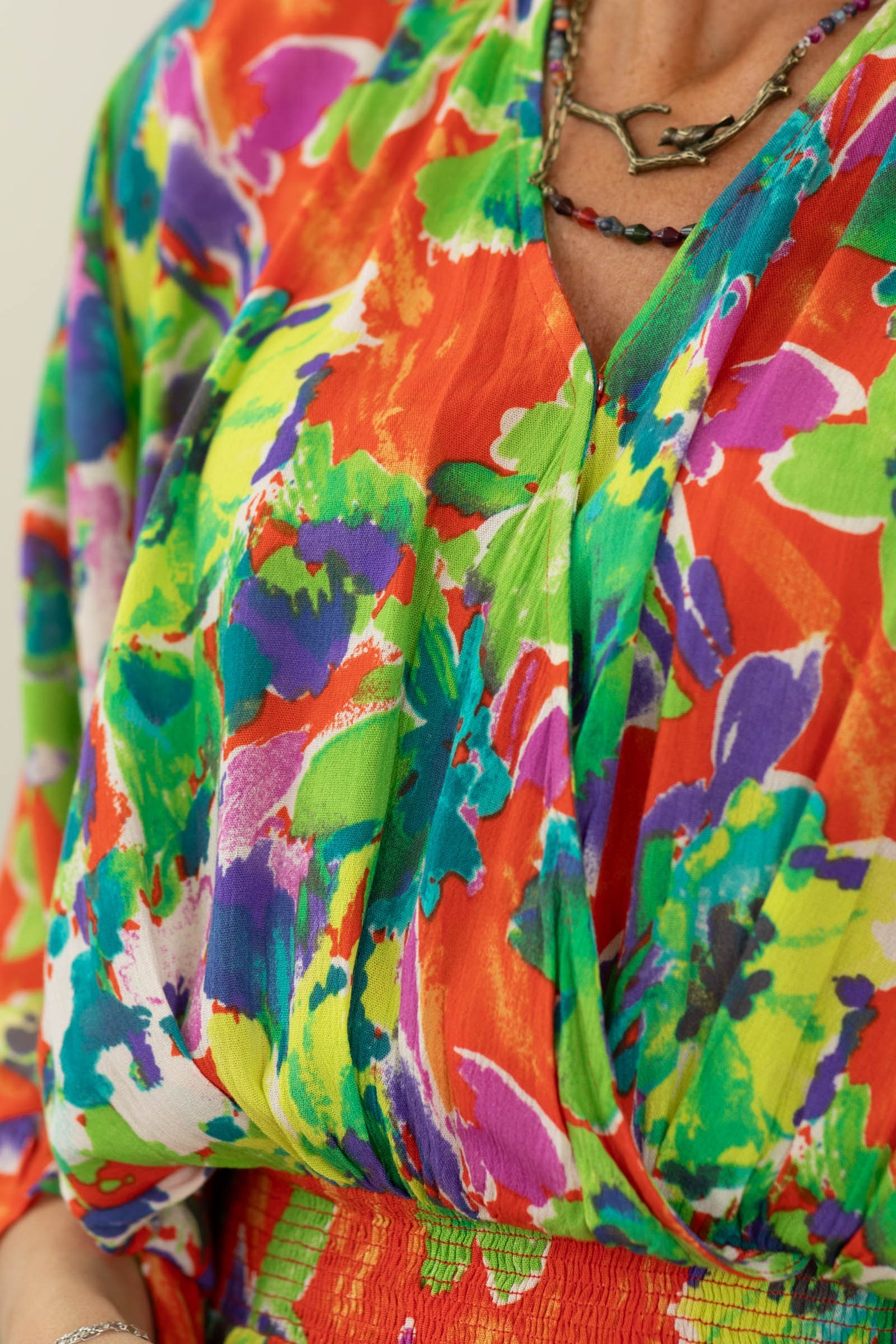 Green Tropical V-Neck Long Sleeve Dress