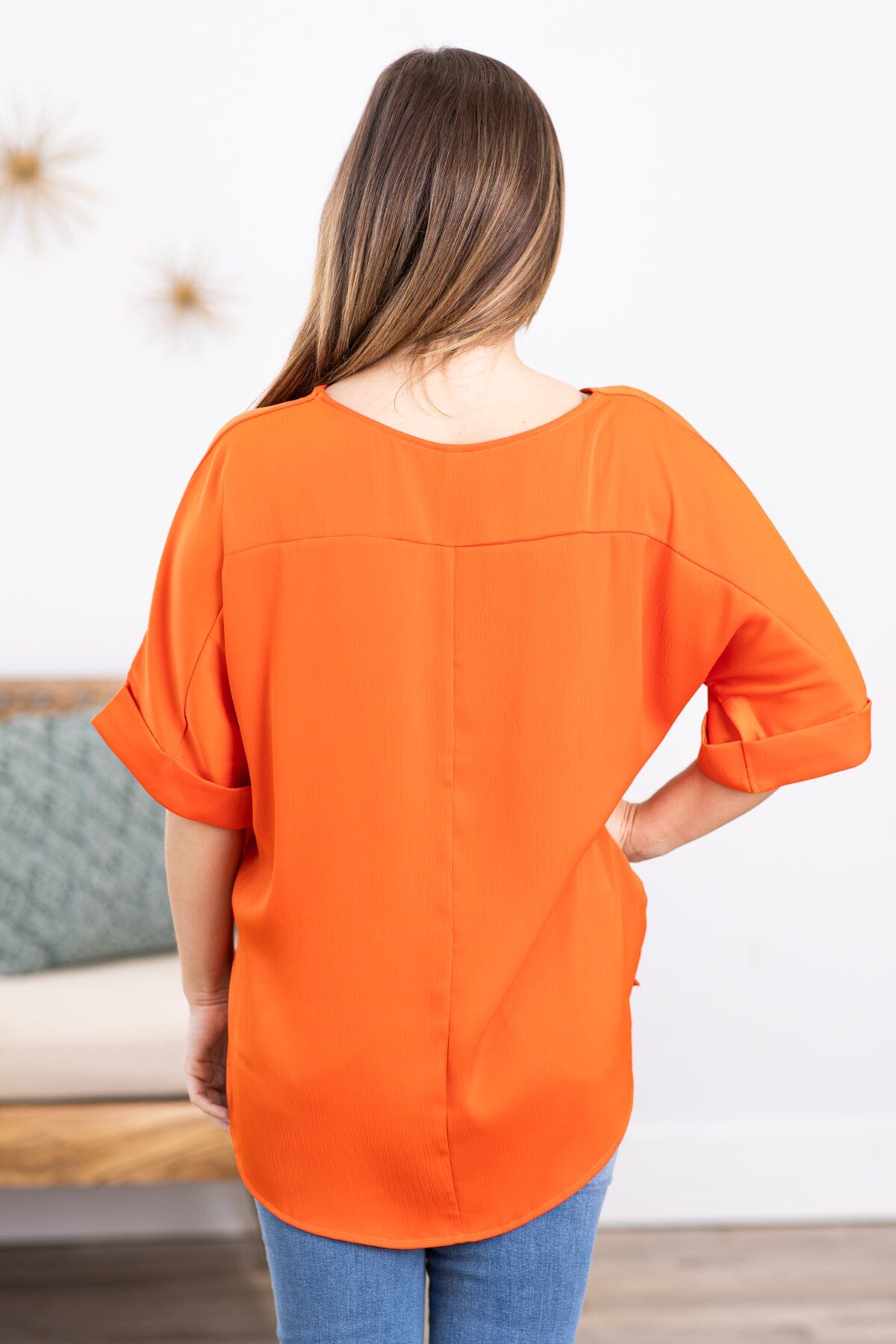 Orange Round Neck Roll Sleeve Top - Filly Flair