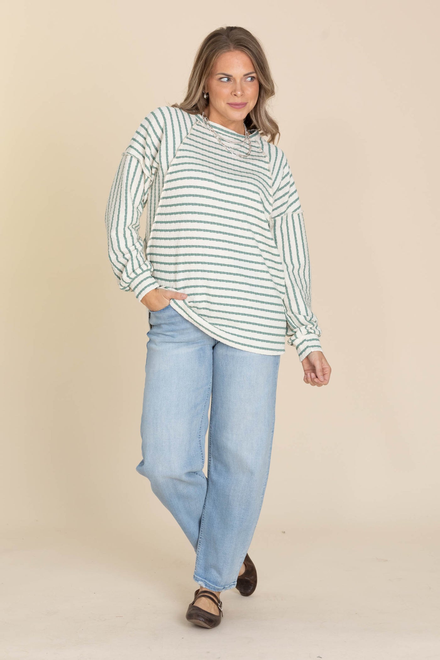 Cream And Sage Stripe Puff Sleeve Knit Top