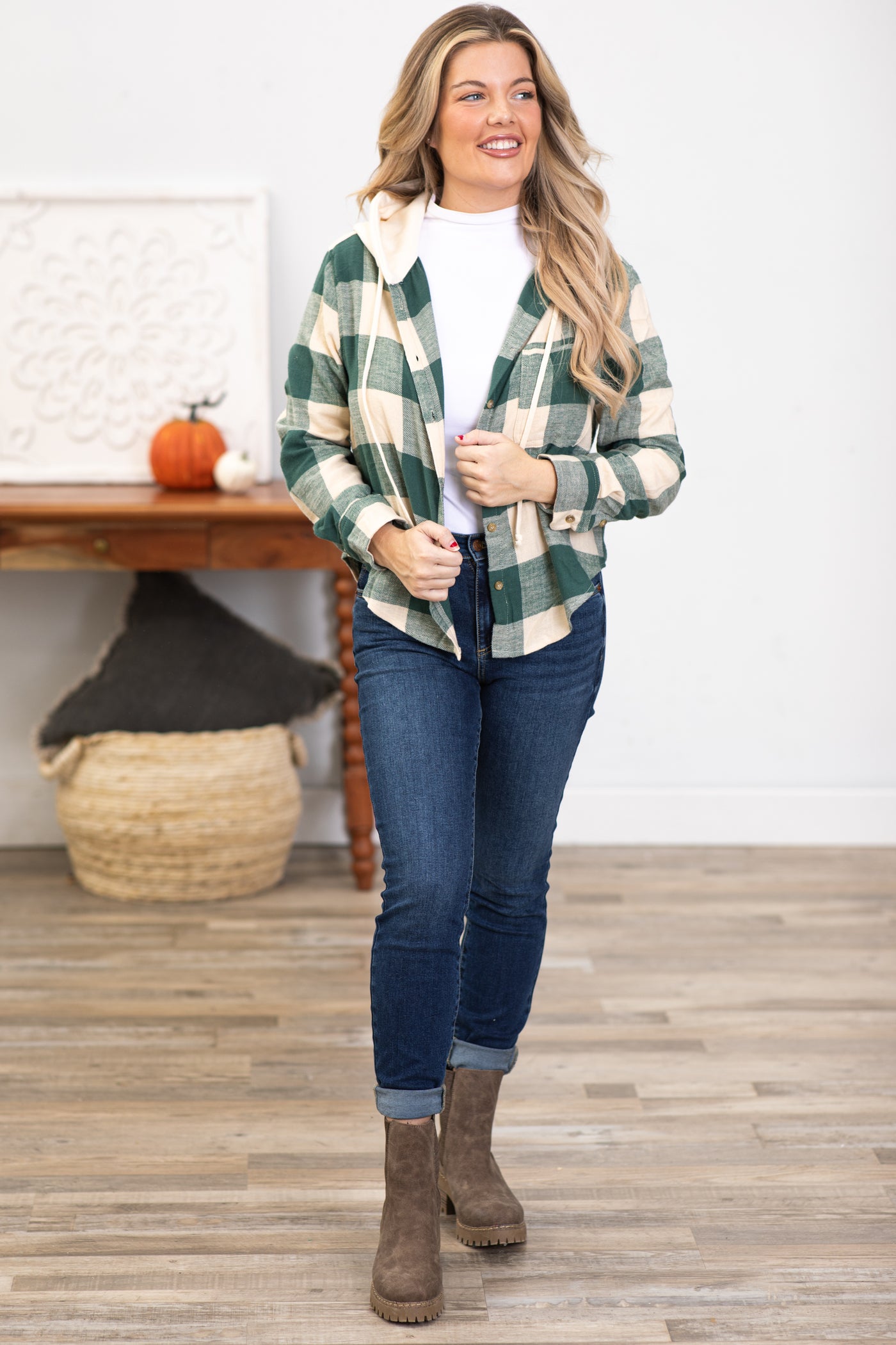 Emerald Green Plaid Button Up Top With Hood
