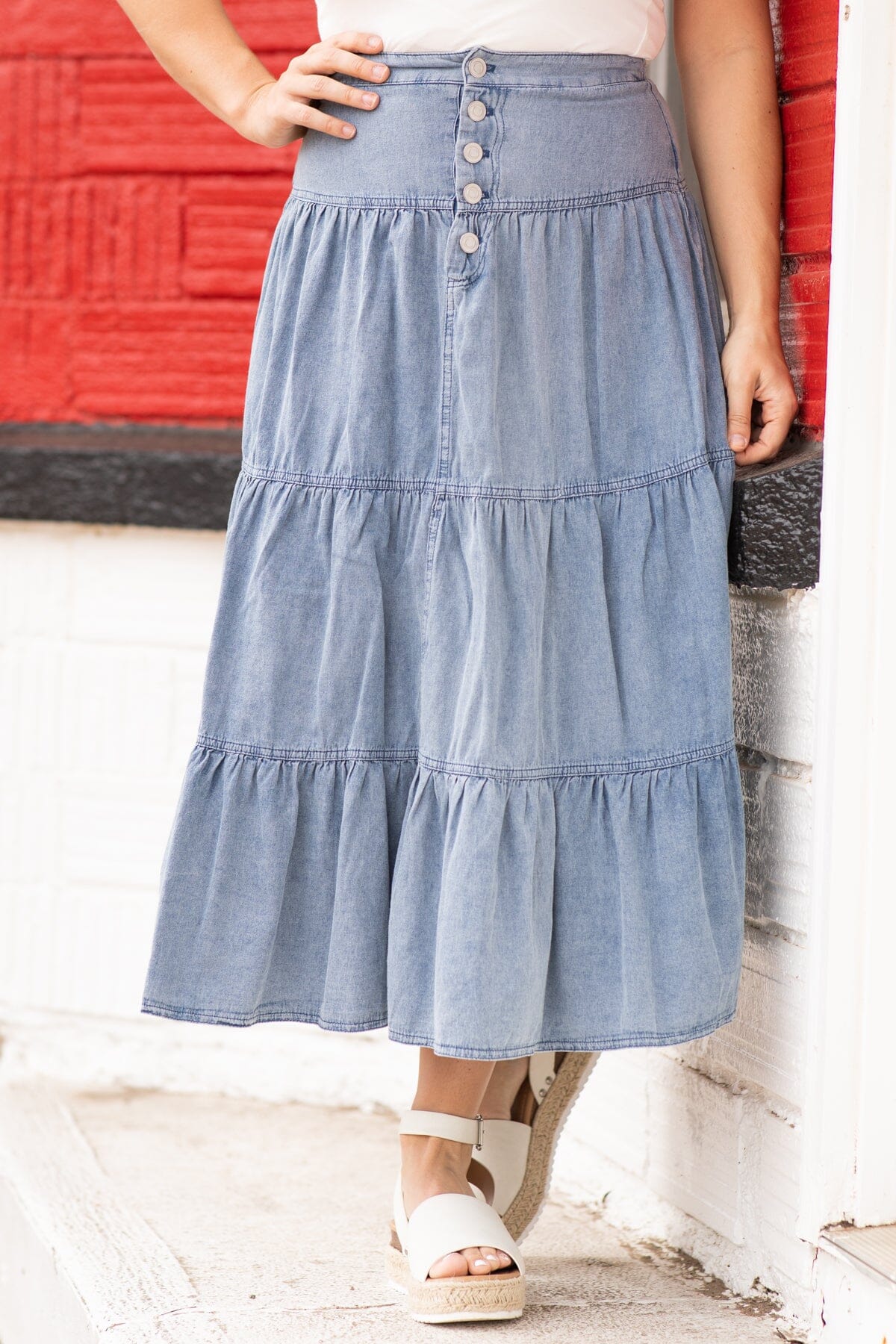 Medium Wash Tiered Denim Midi Skirt - Filly Flair
