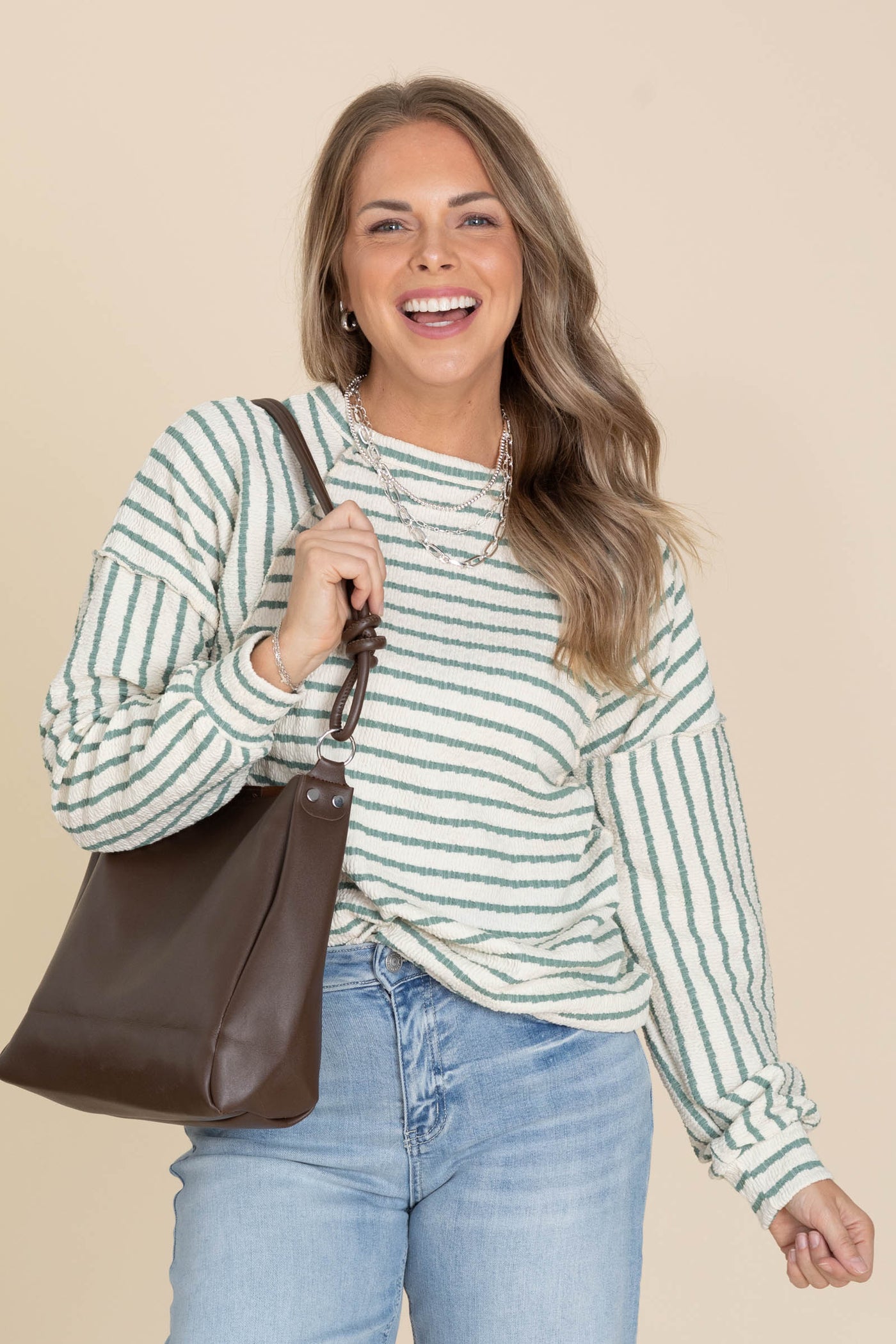 Cream And Sage Stripe Puff Sleeve Knit Top
