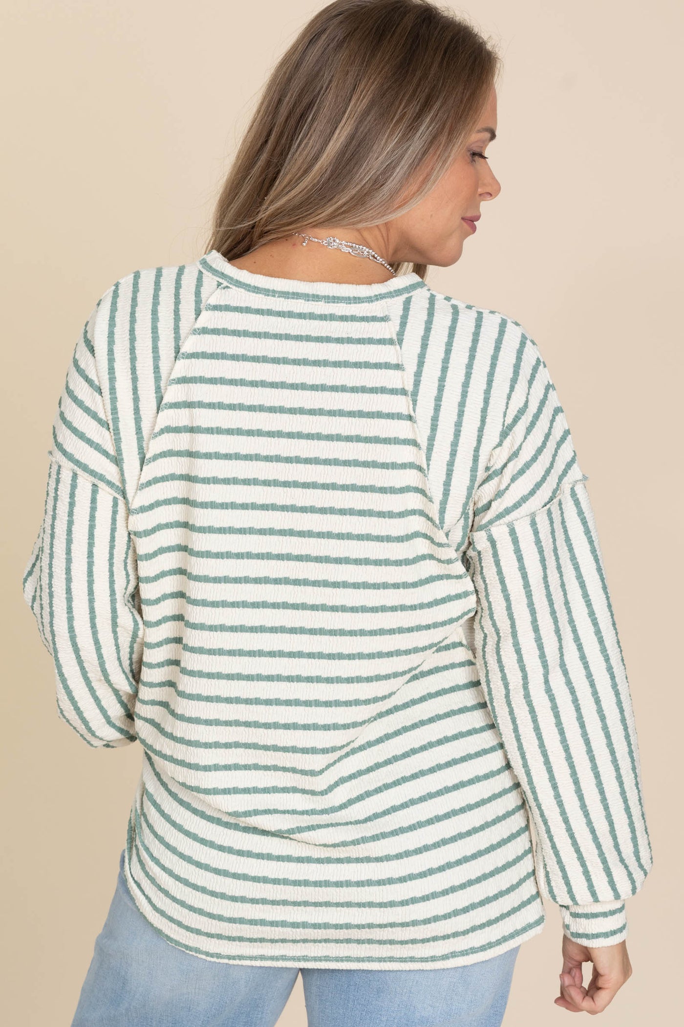 Cream And Sage Stripe Puff Sleeve Knit Top
