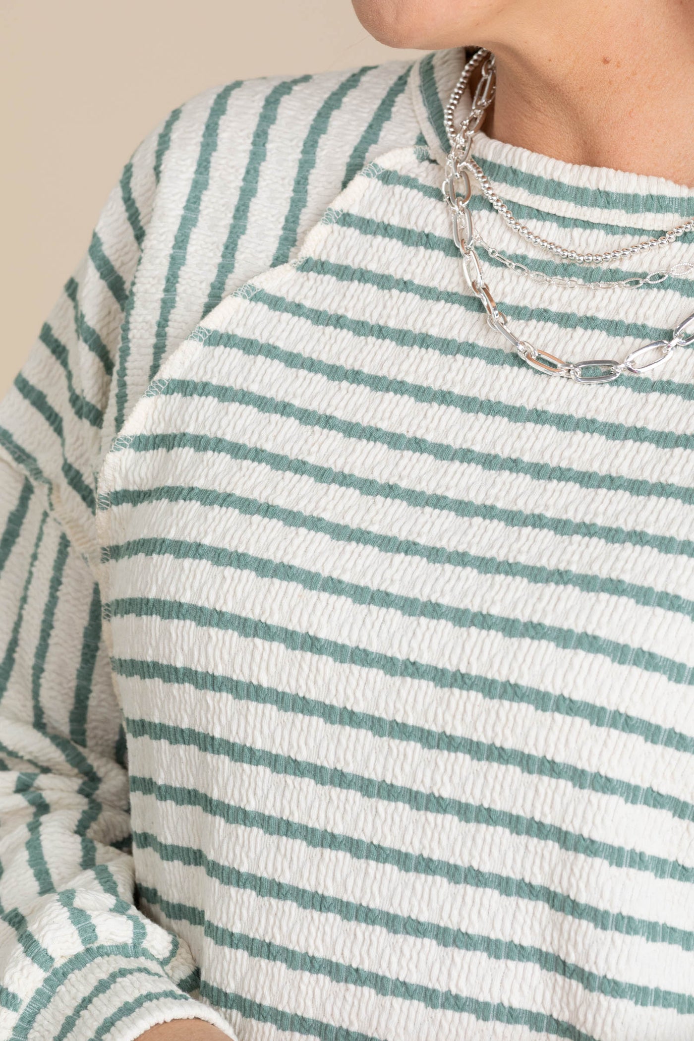 Cream And Sage Stripe Puff Sleeve Knit Top