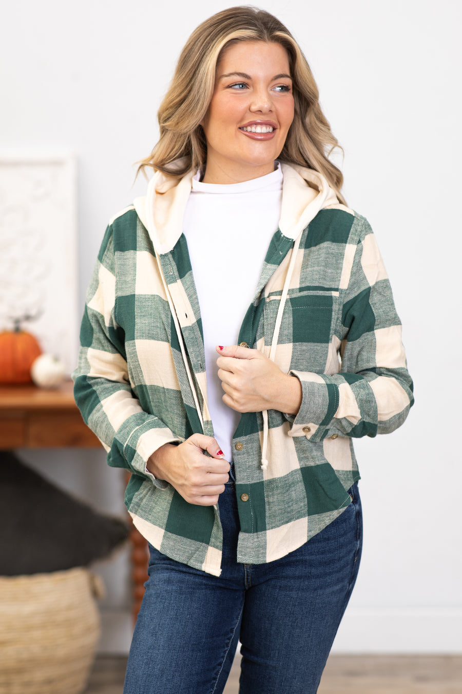 Emerald Green Plaid Button Up Top With Hood