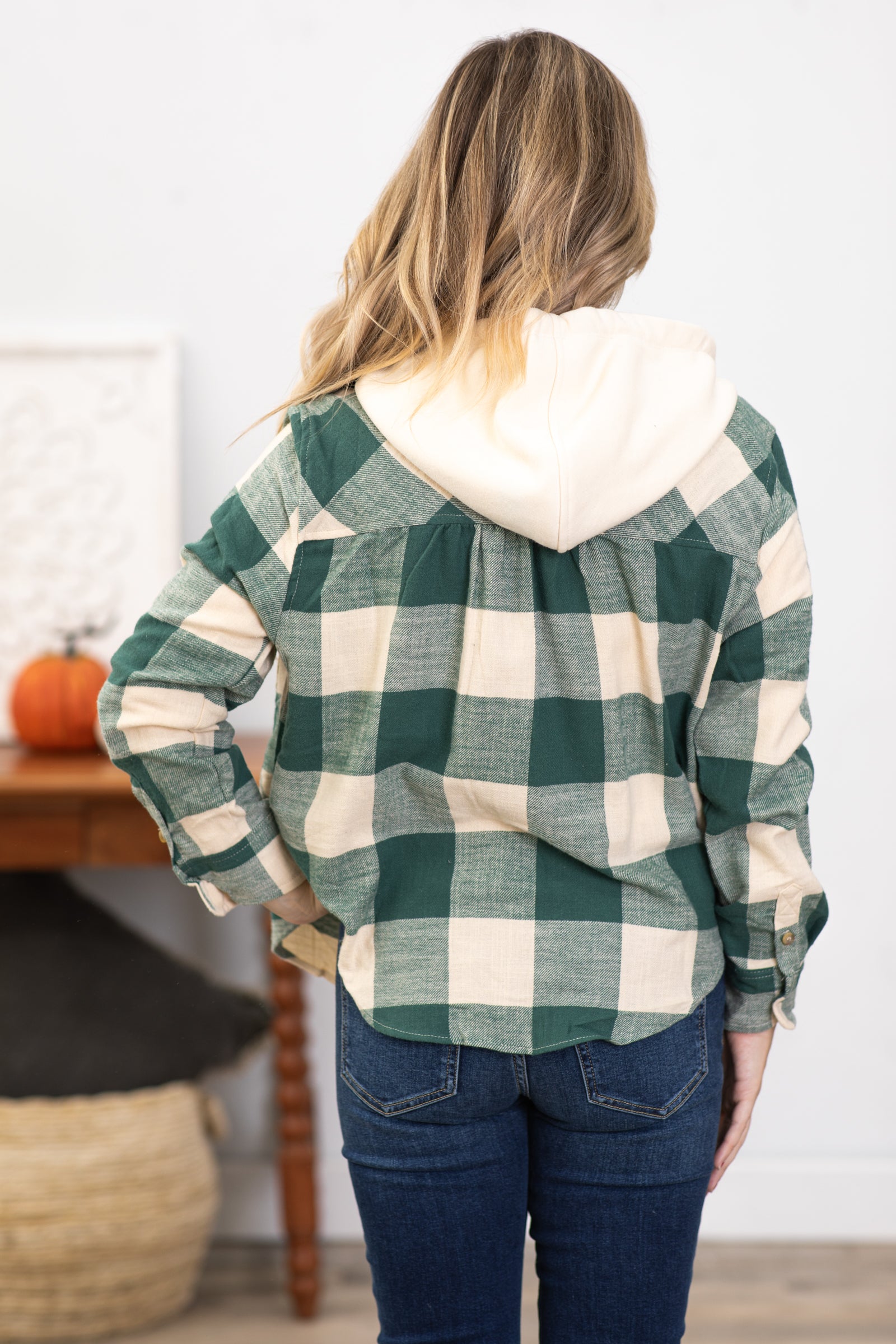 Emerald Green Plaid Button Up Top With Hood