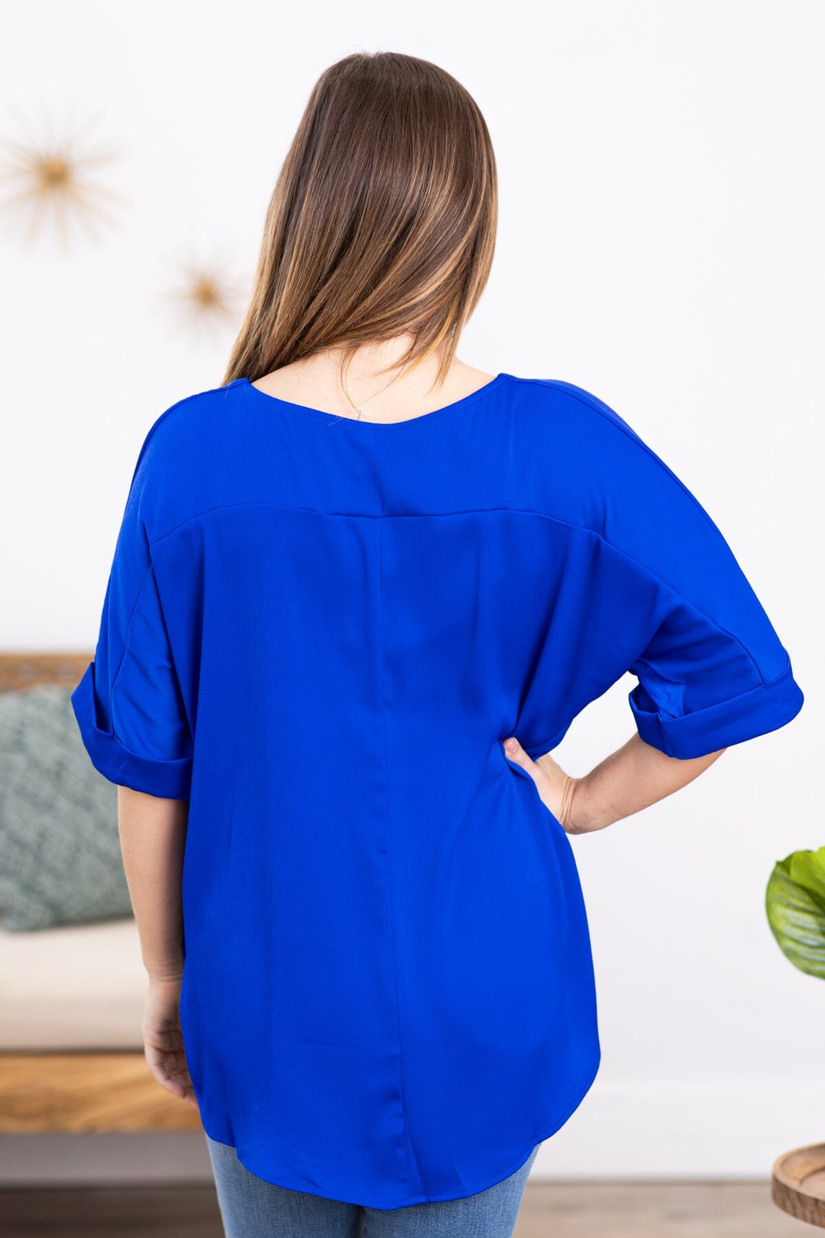 Cobalt Round Neck Roll Sleeve Top - Filly Flair