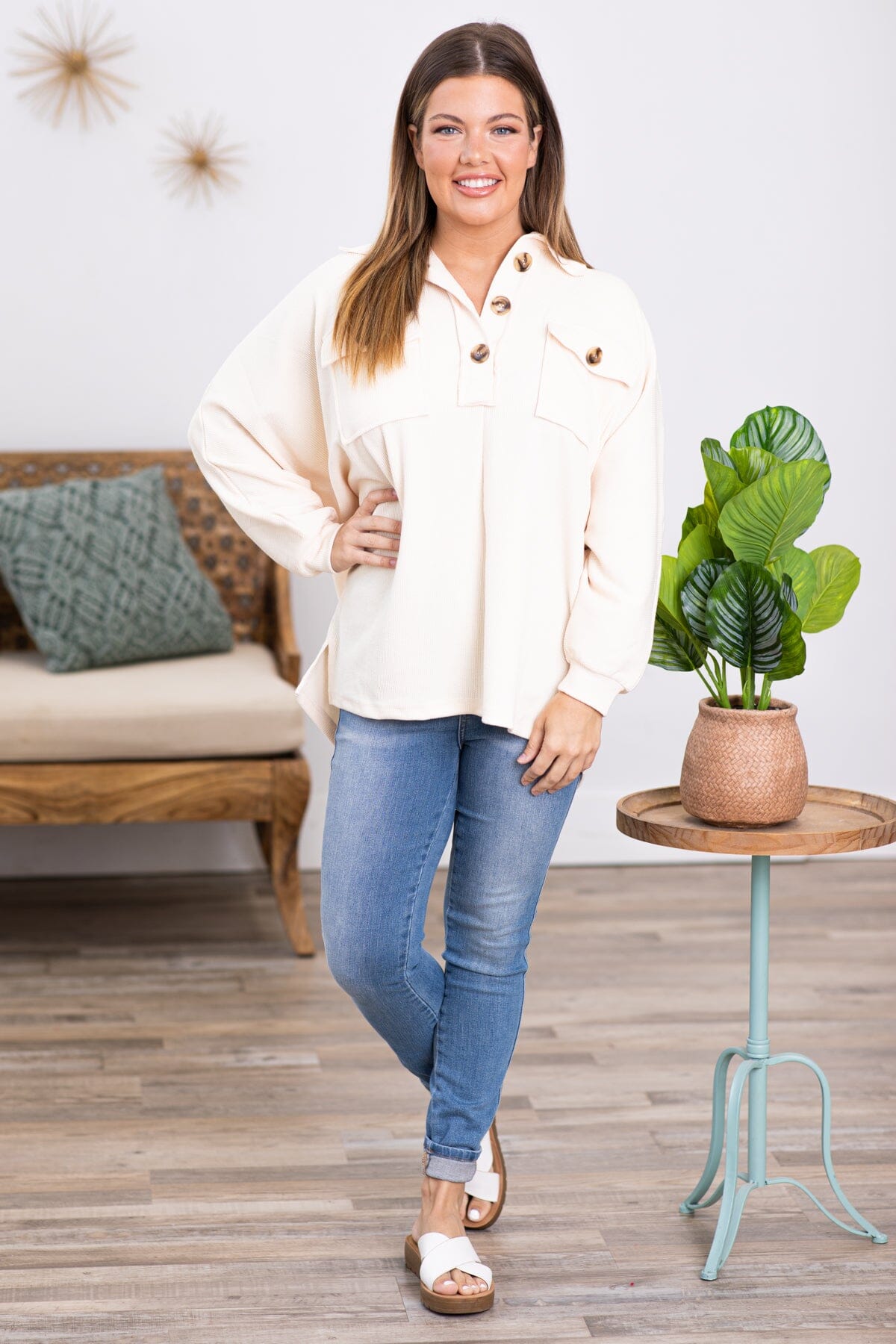 Cream Pullover With Pocket Detail - Filly Flair