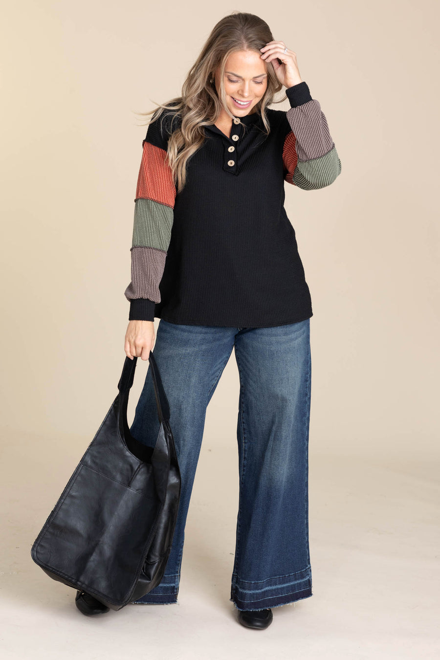 Black Ribbed Colorblock Sleeve Knit Top