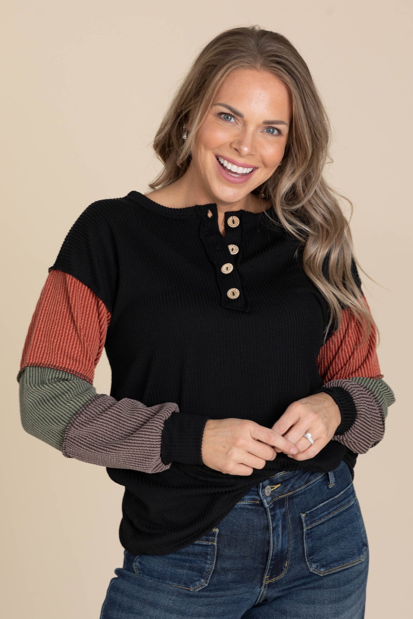 Black Ribbed Colorblock Sleeve Knit Top