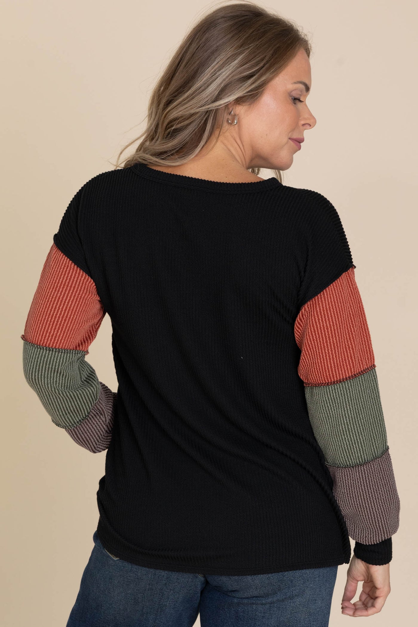 Black Ribbed Colorblock Sleeve Knit Top